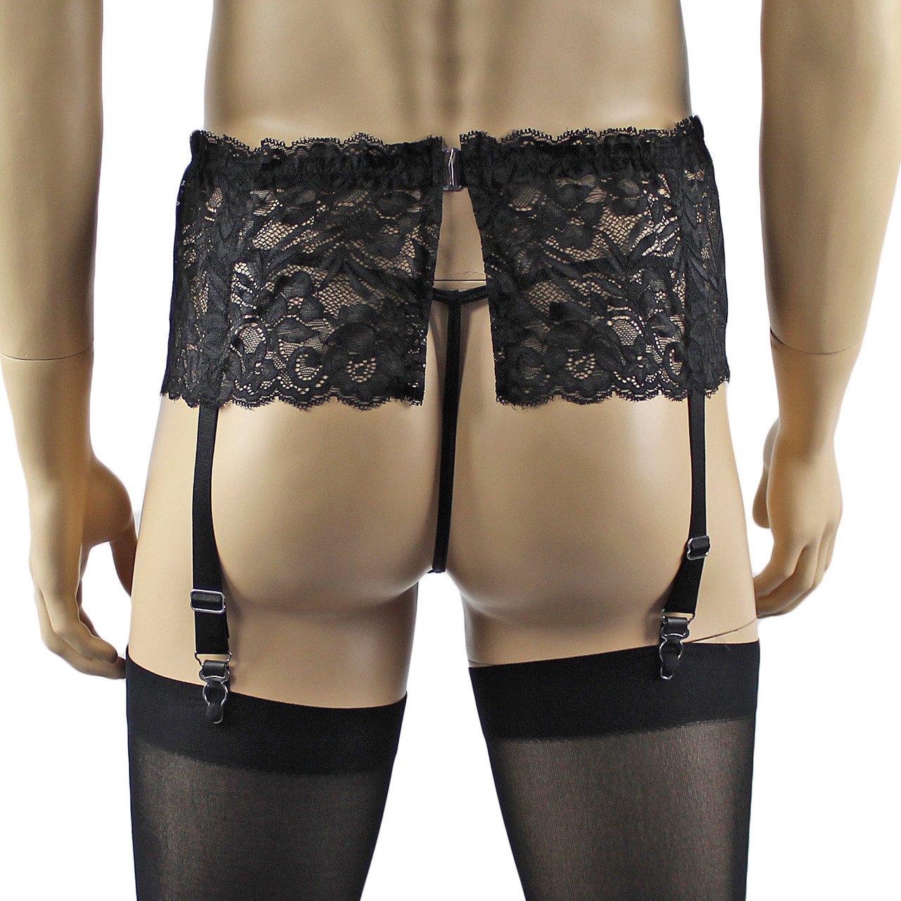 Mens Sexy Lace Pouch G string, Garterbelt & Stockings (black plus other colours)