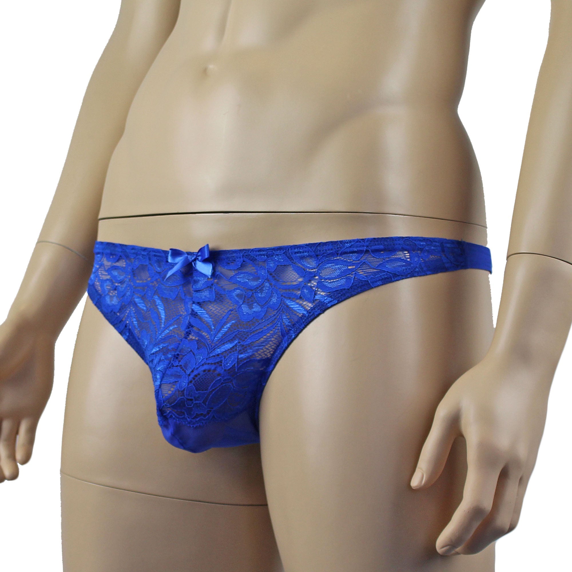 Mens Kristy Sexy Lace Thong Panties with Stretch Mesh Back Blue