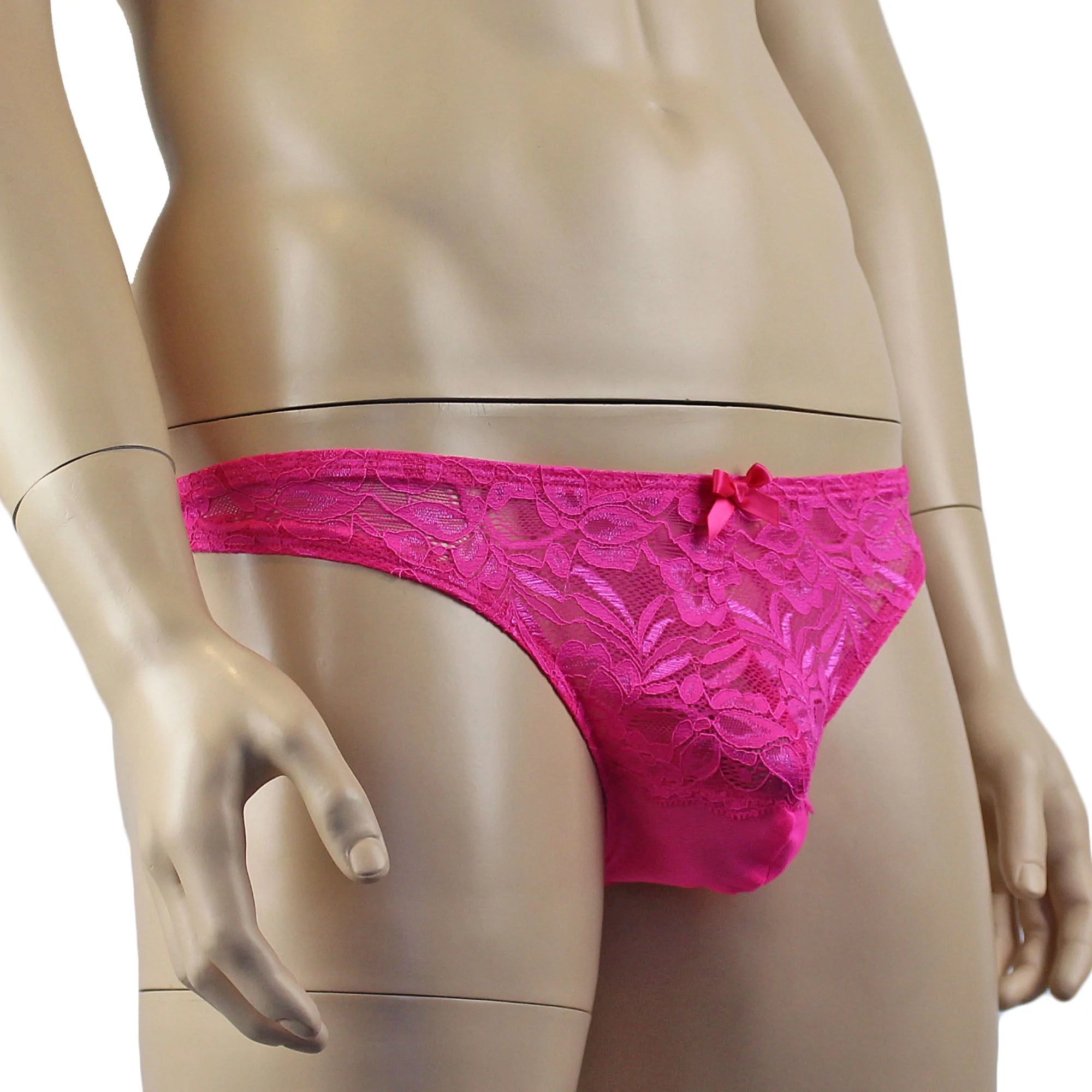 SALE - Mens Kristy Sexy Lace Thong Panties with Stretch Mesh Back Hot Pink