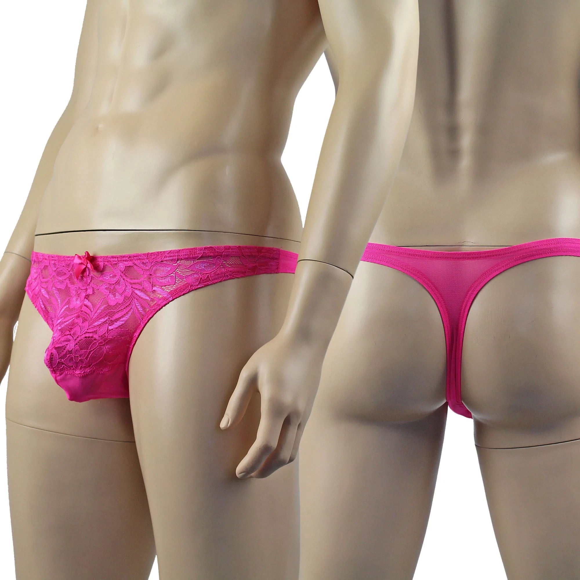 SALE - Mens Kristy Sexy Lace Thong Panties with Stretch Mesh Back Hot Pink