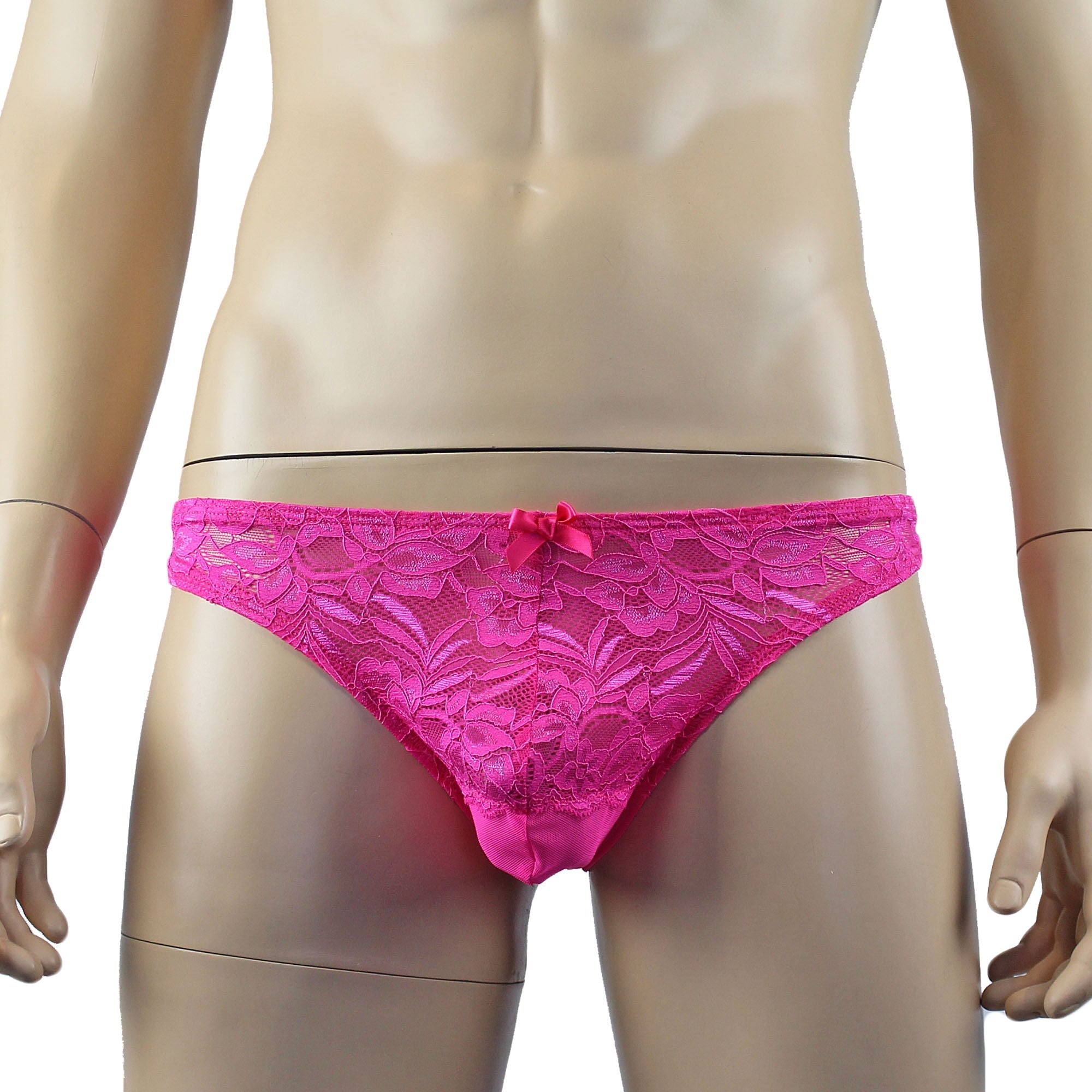 Mens Kristy Sexy Lace Thong Panties with Stretch Mesh Back Hot Pink