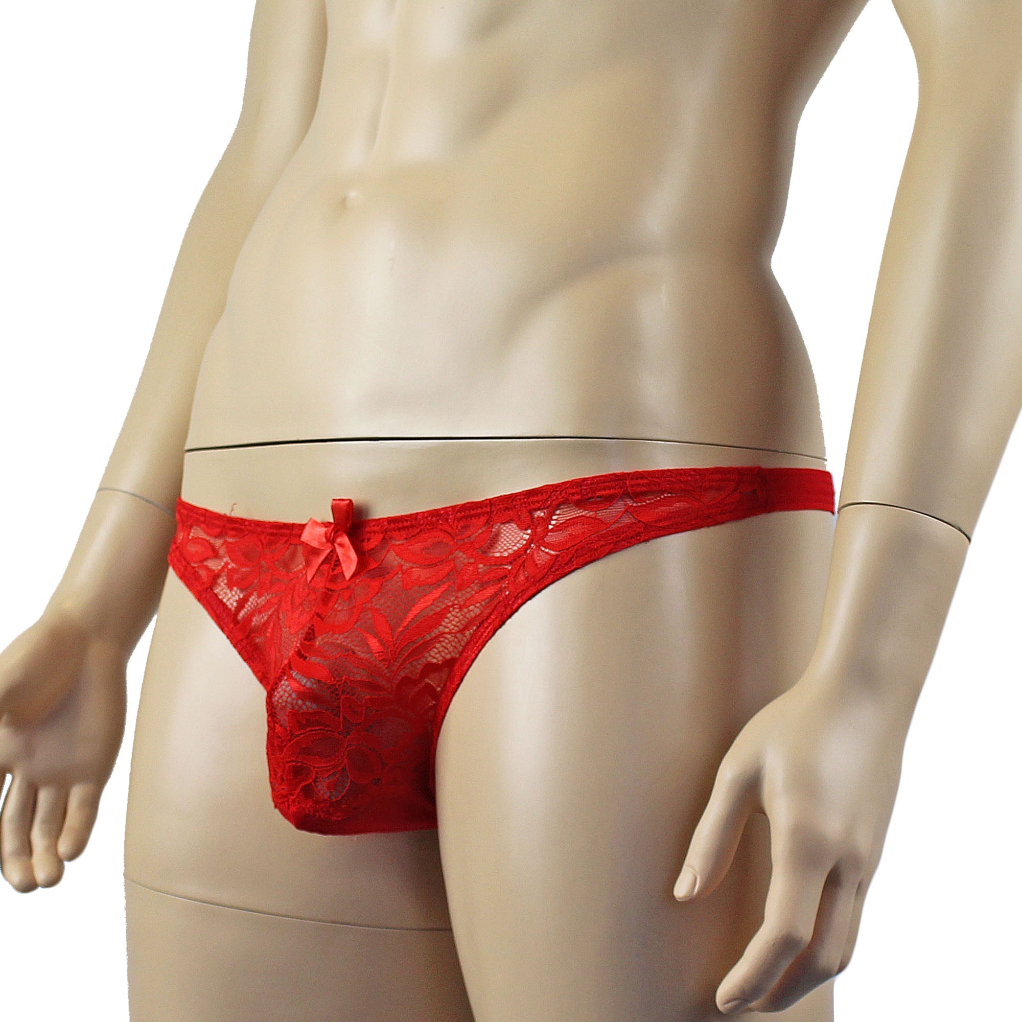 Mens Kristy Sexy Lace Thong Panties with Stretch Mesh Back Red