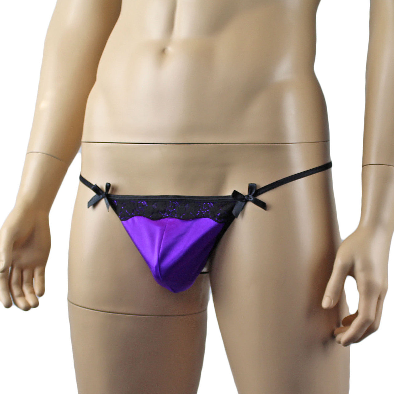 Mens Feminine Satin, Lace and Bow Pouch G string Purple and Black