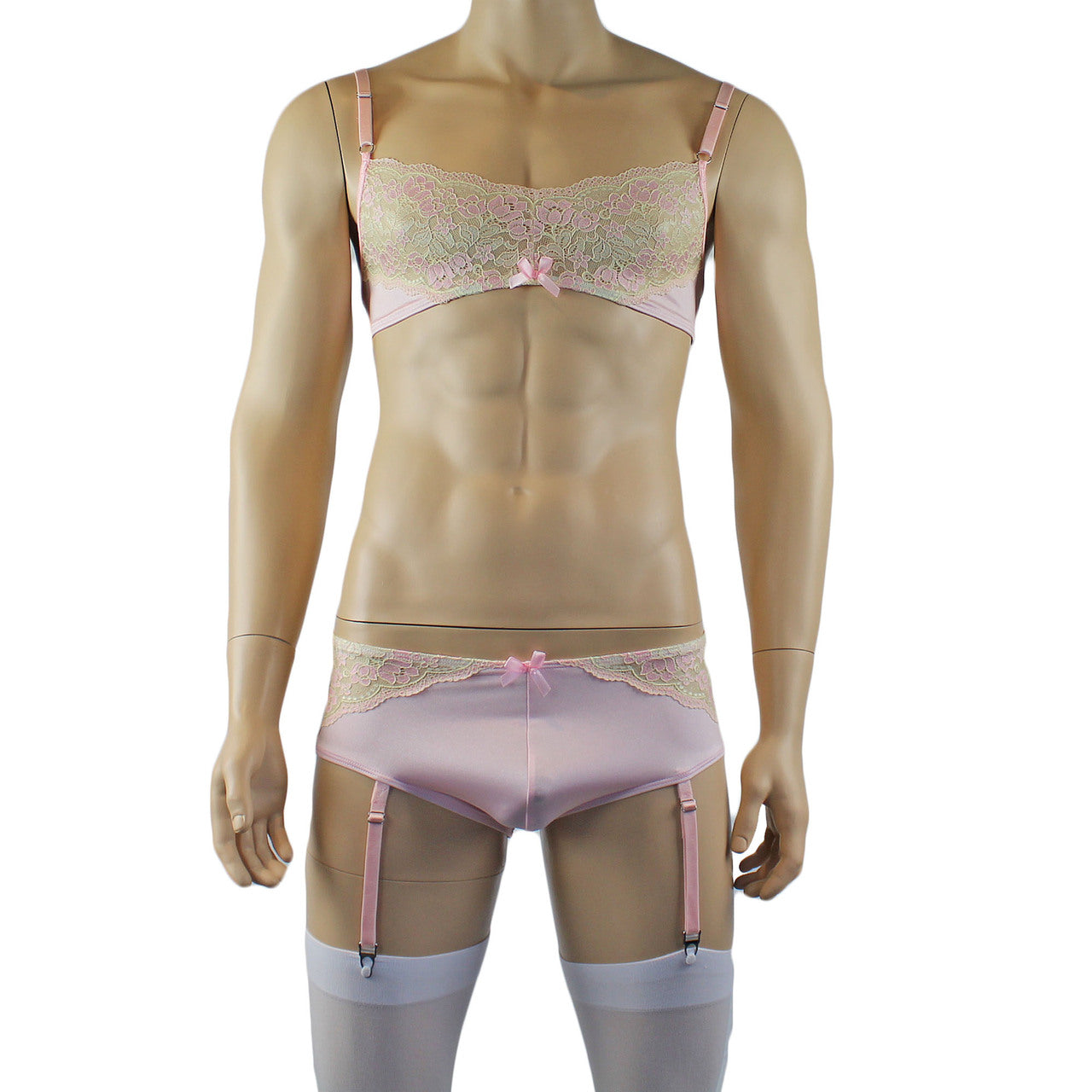 Mens Luxury Bra Top and Boxer Brief with Garters & Stockings (pink plus other colours)