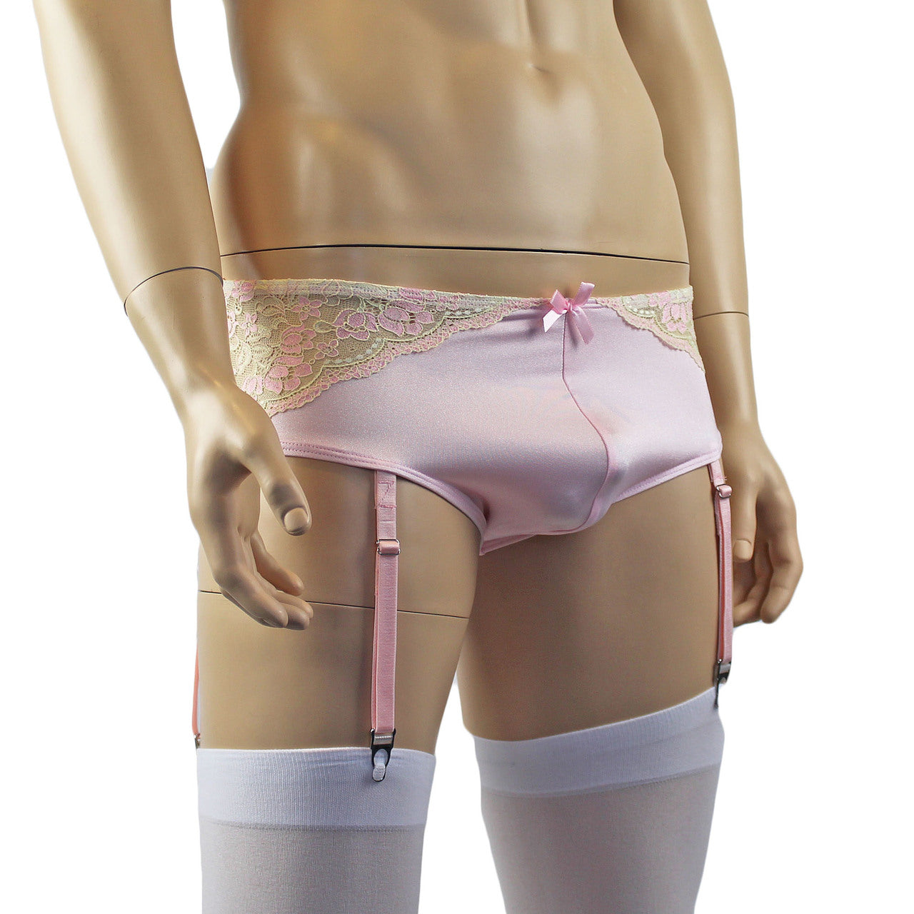 Mens Luxury Mini Bikini Brief with Detachable Garters and Stockings  (pink plus other colours)