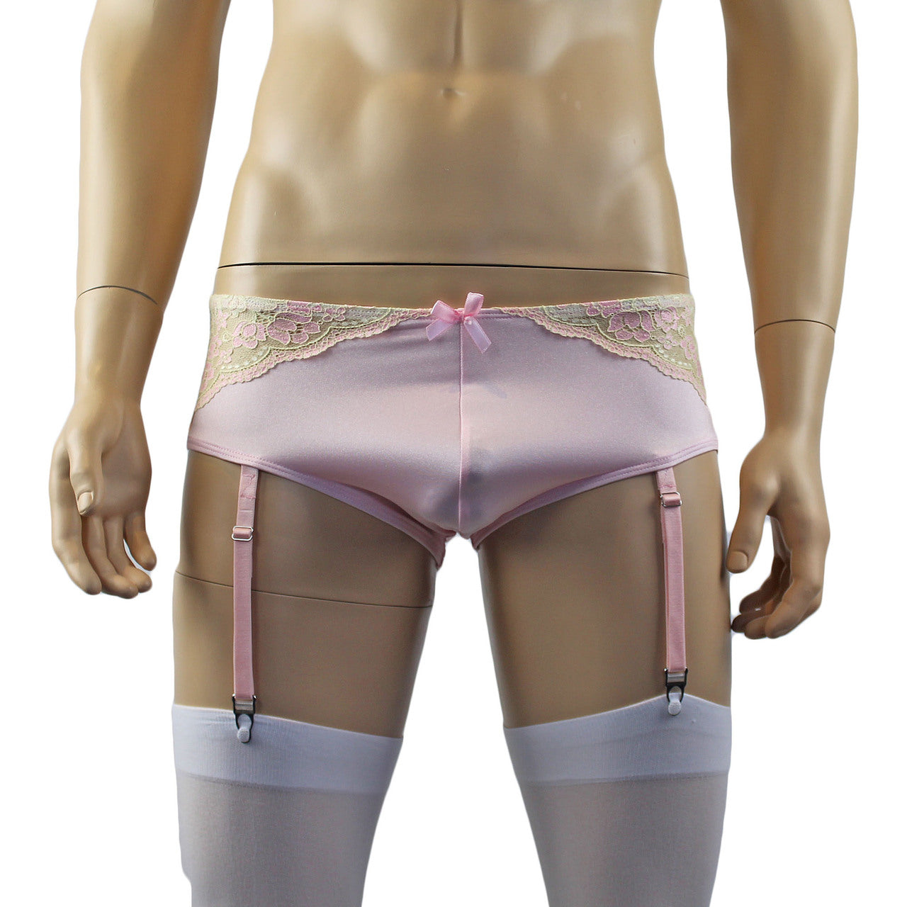 Mens Luxury Bra Top and Boxer Brief with Garters & Stockings (pink plus other colours)