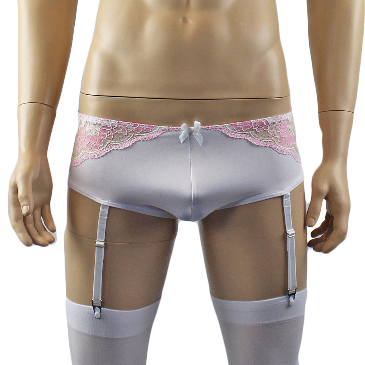 Mens Luxury Bra Top and Bikini Brief with Garters & Stockings (white plus other colours)