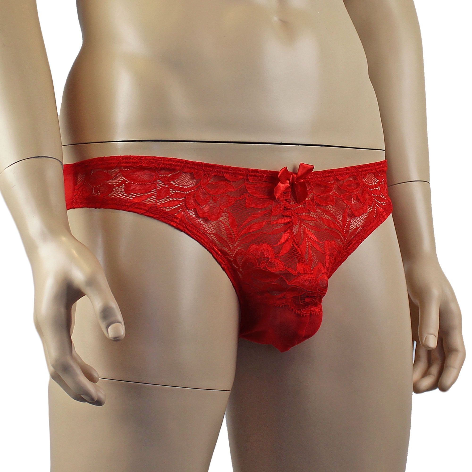 Mens Kristy Sexy Lace Bikini Brief Panties with See through Back Red