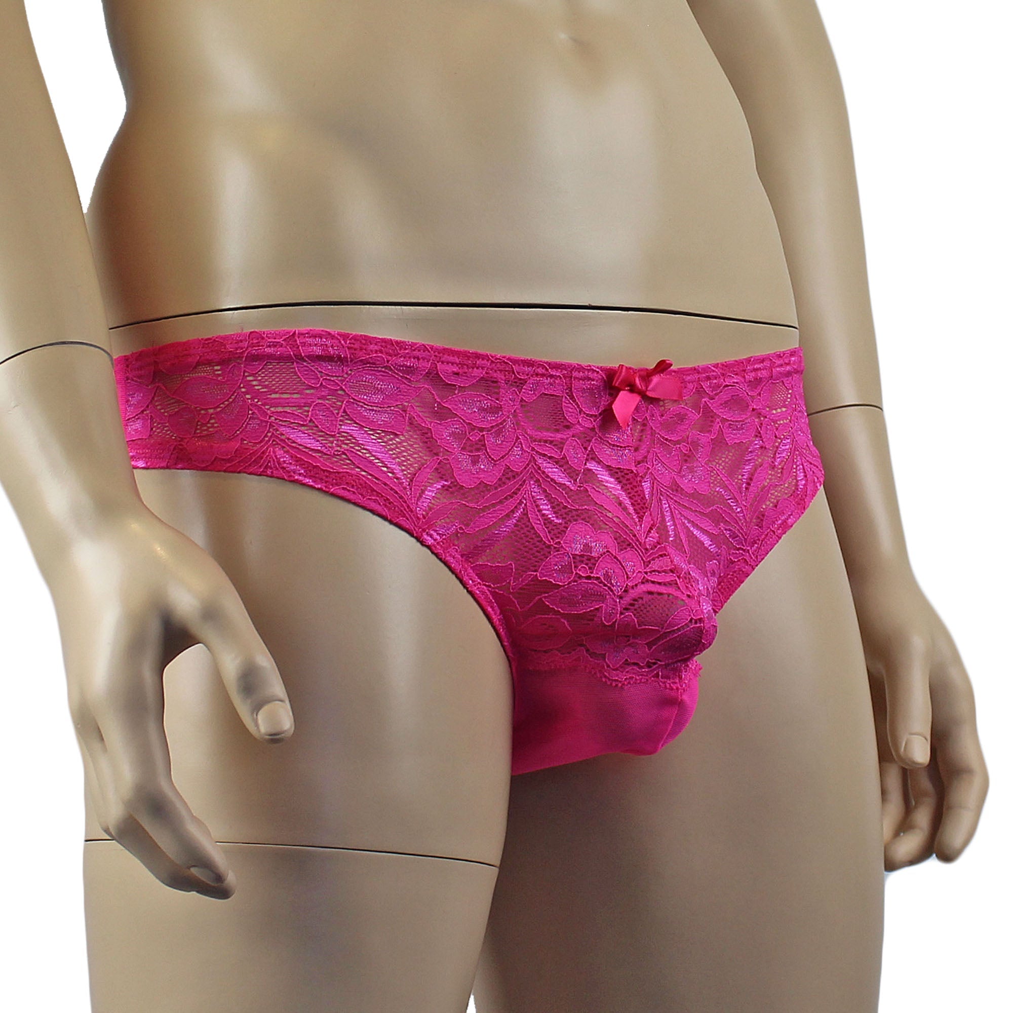 Mens Kristy Sexy Lace Bikini Brief Panties with See through Back Hot Pink