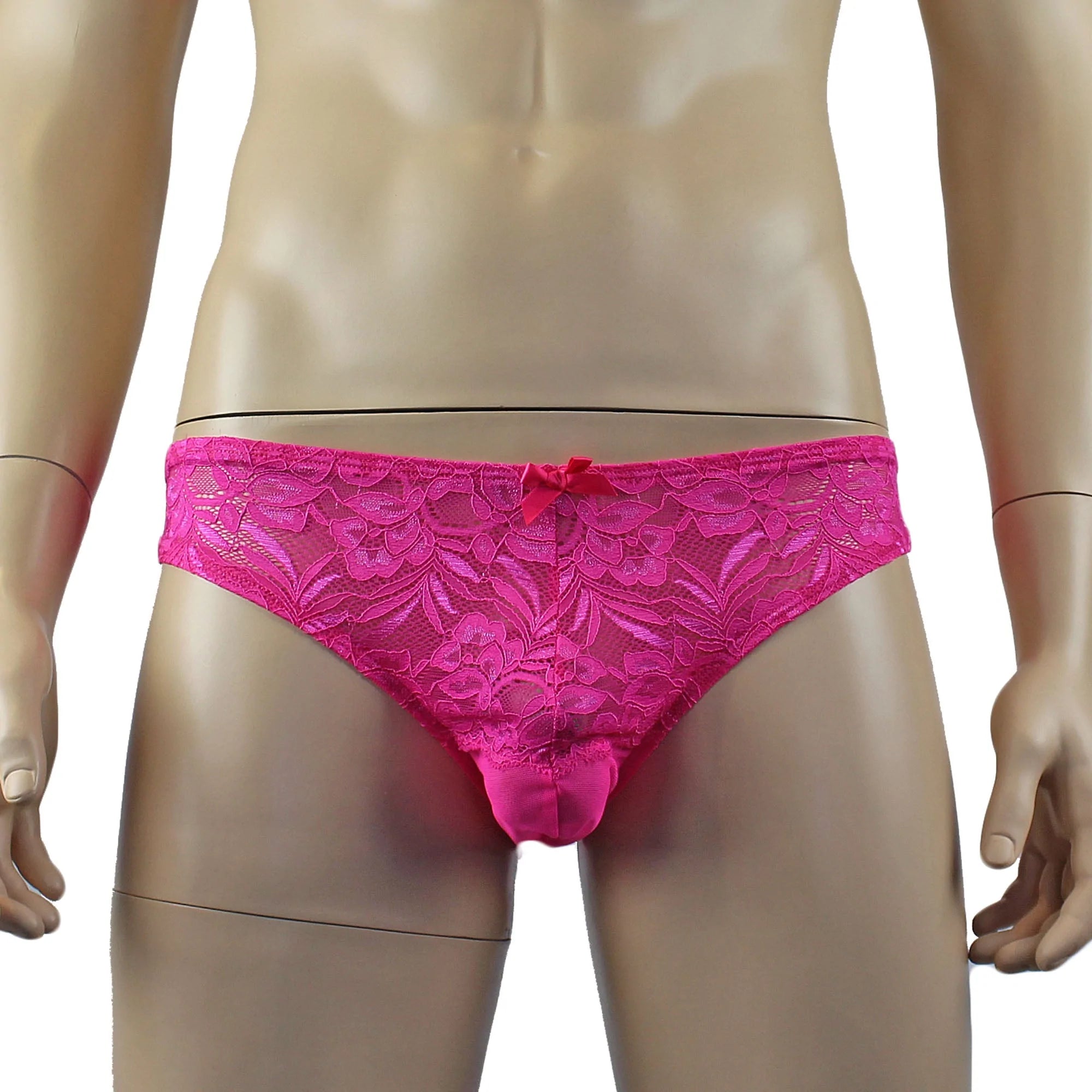 SALE - Mens Kristy Sexy Lace Bikini Brief Panties with See through Back Hot Pink