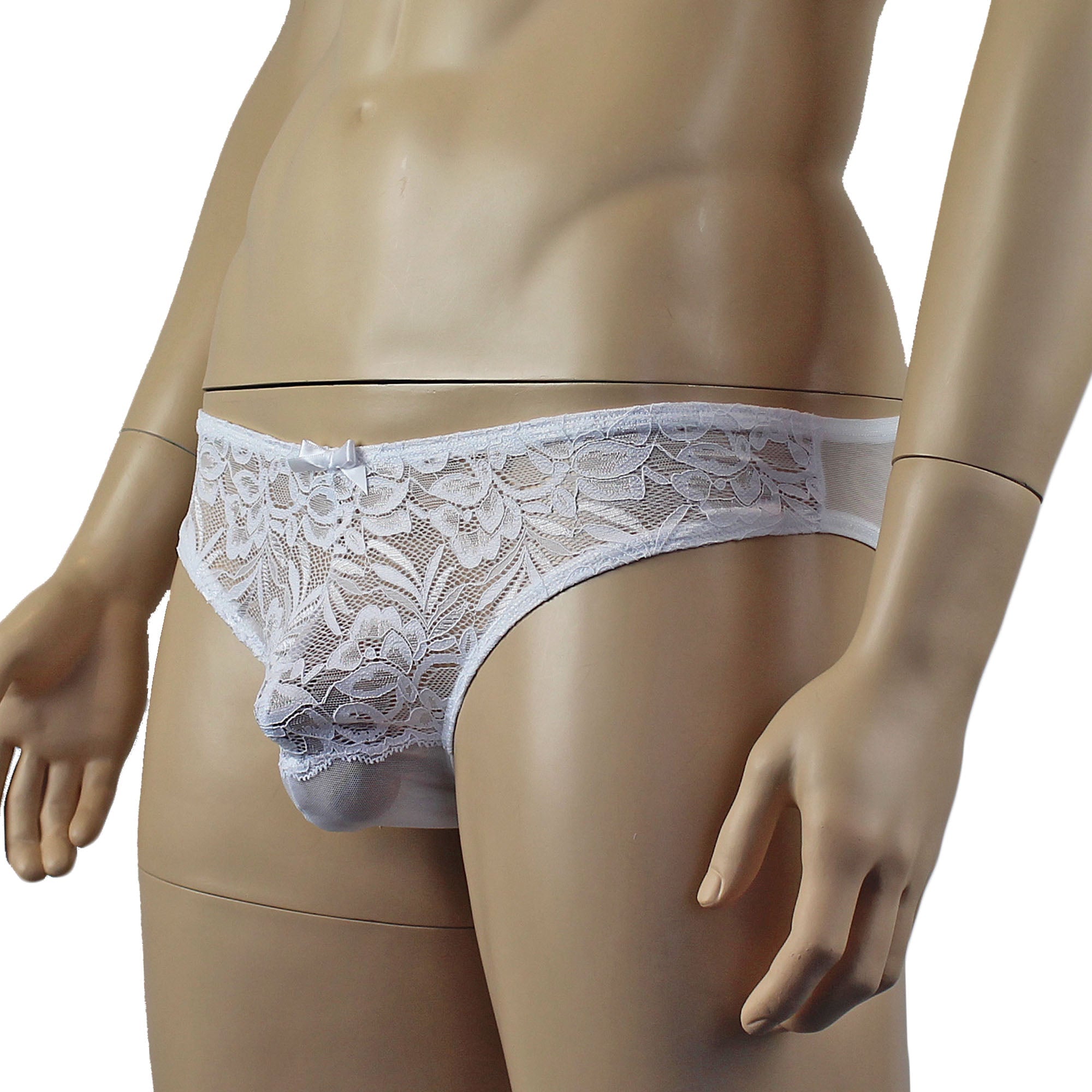 Mens Kristy Sexy Lace Bikini Brief Panties with See through Back White