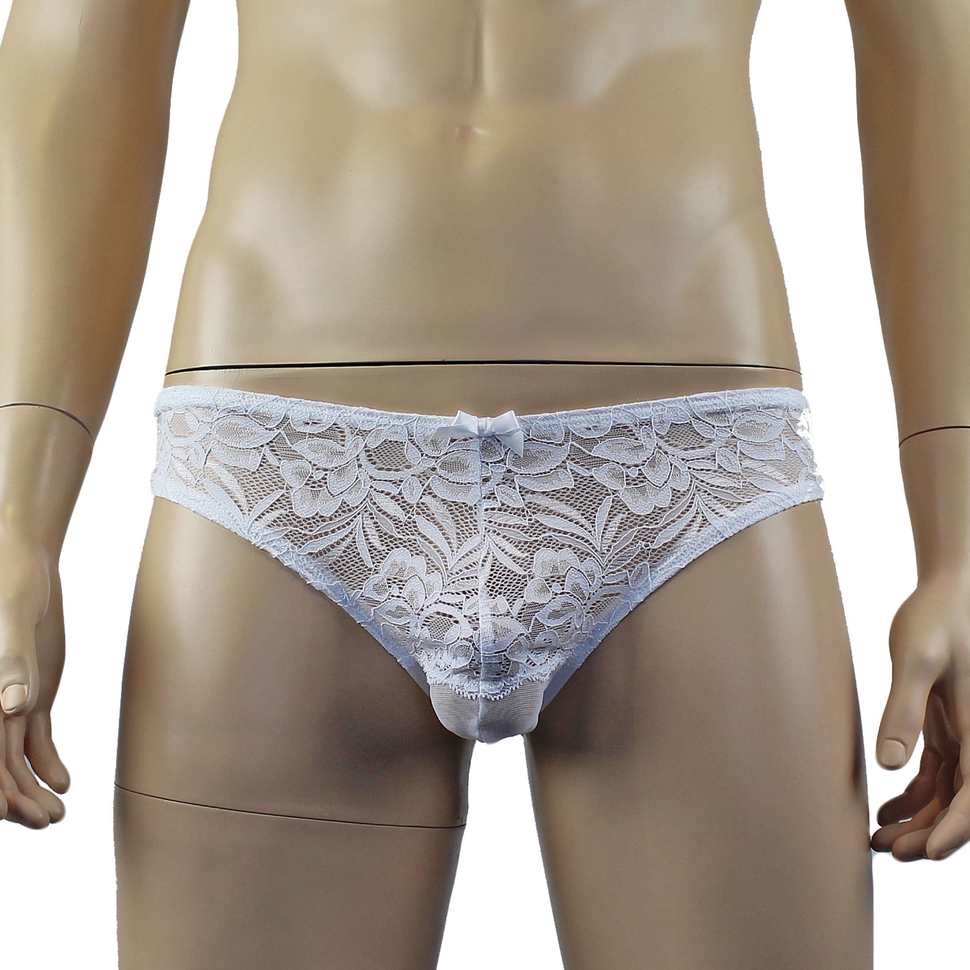 Mens Kristy Sexy Lace Bikini Brief Panties with See through Back White