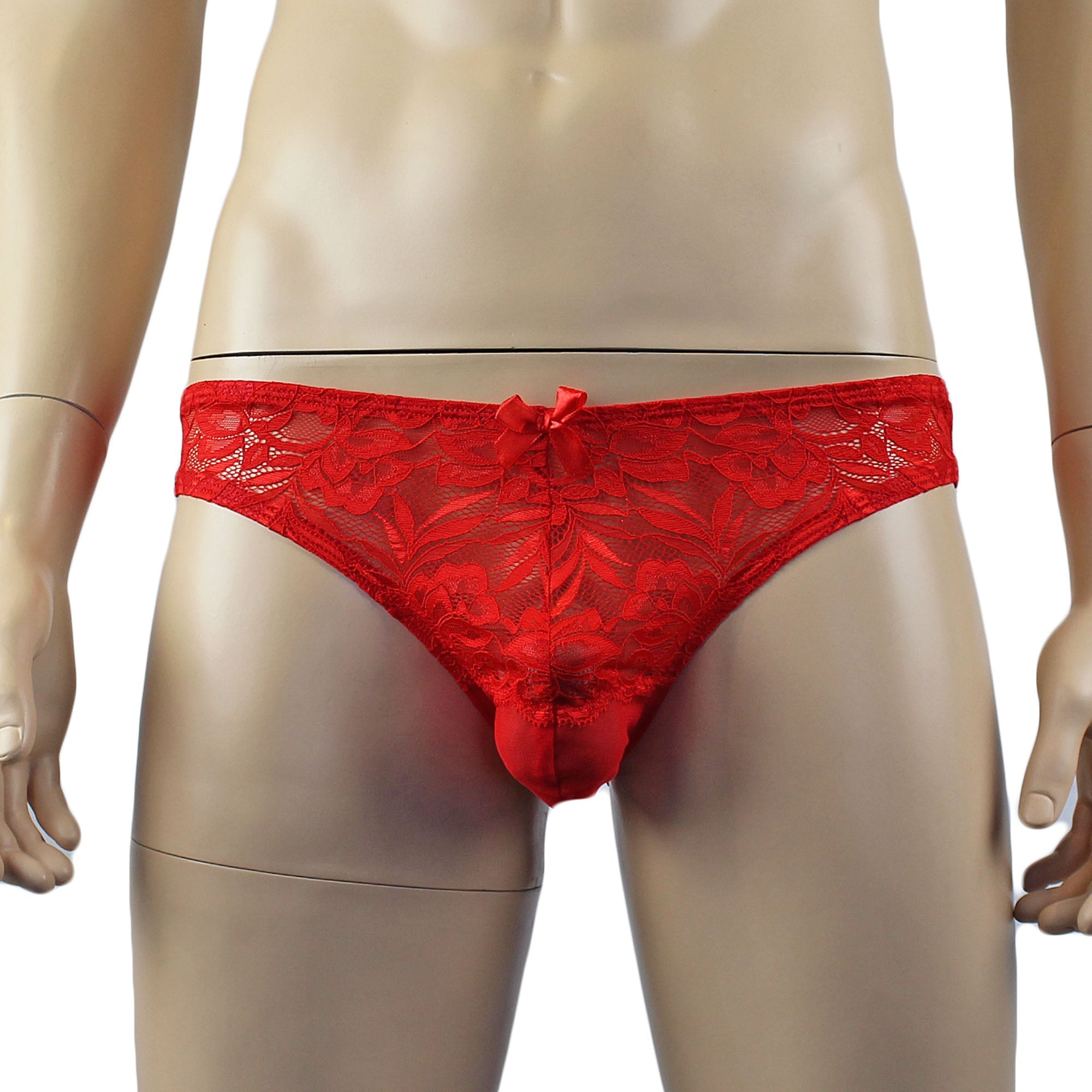 Mens Kristy Sexy Lace Bikini Brief Panties with See through Back Red