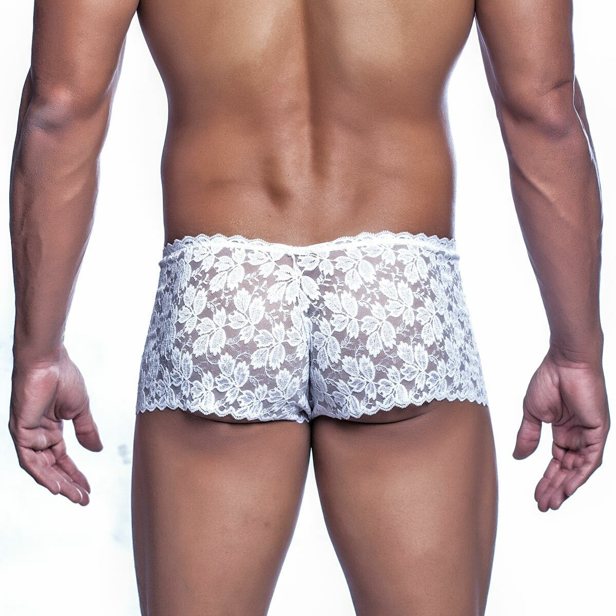 SALE - Mens Flower Lace Mini Boy Shorts White