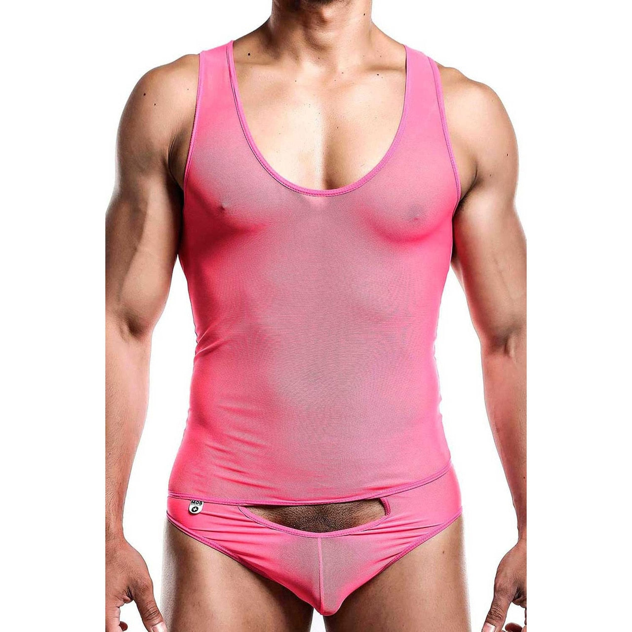Mens All Over Sheer Bodysuit Hot Pink