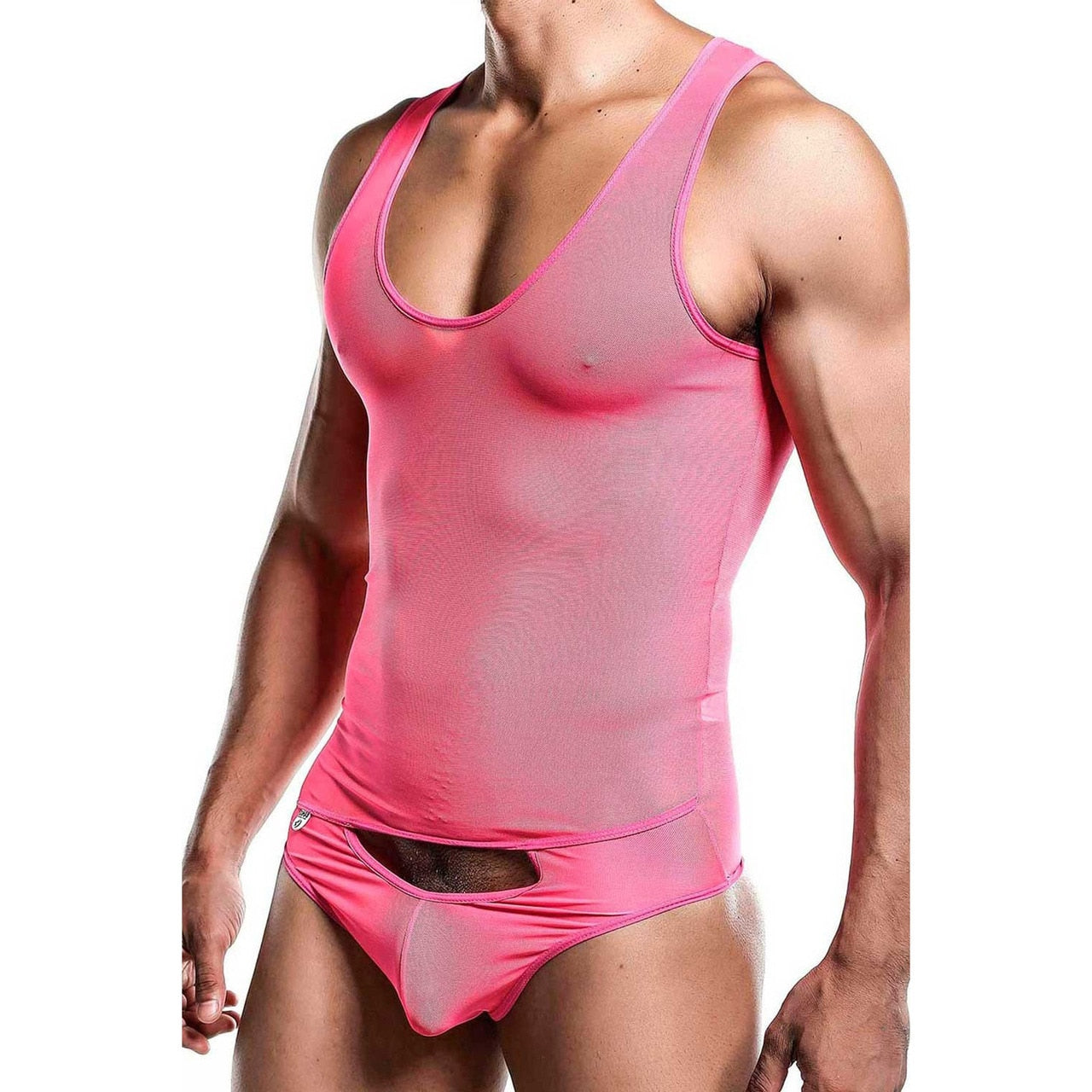 Mens All Over Sheer Bodysuit Hot Pink