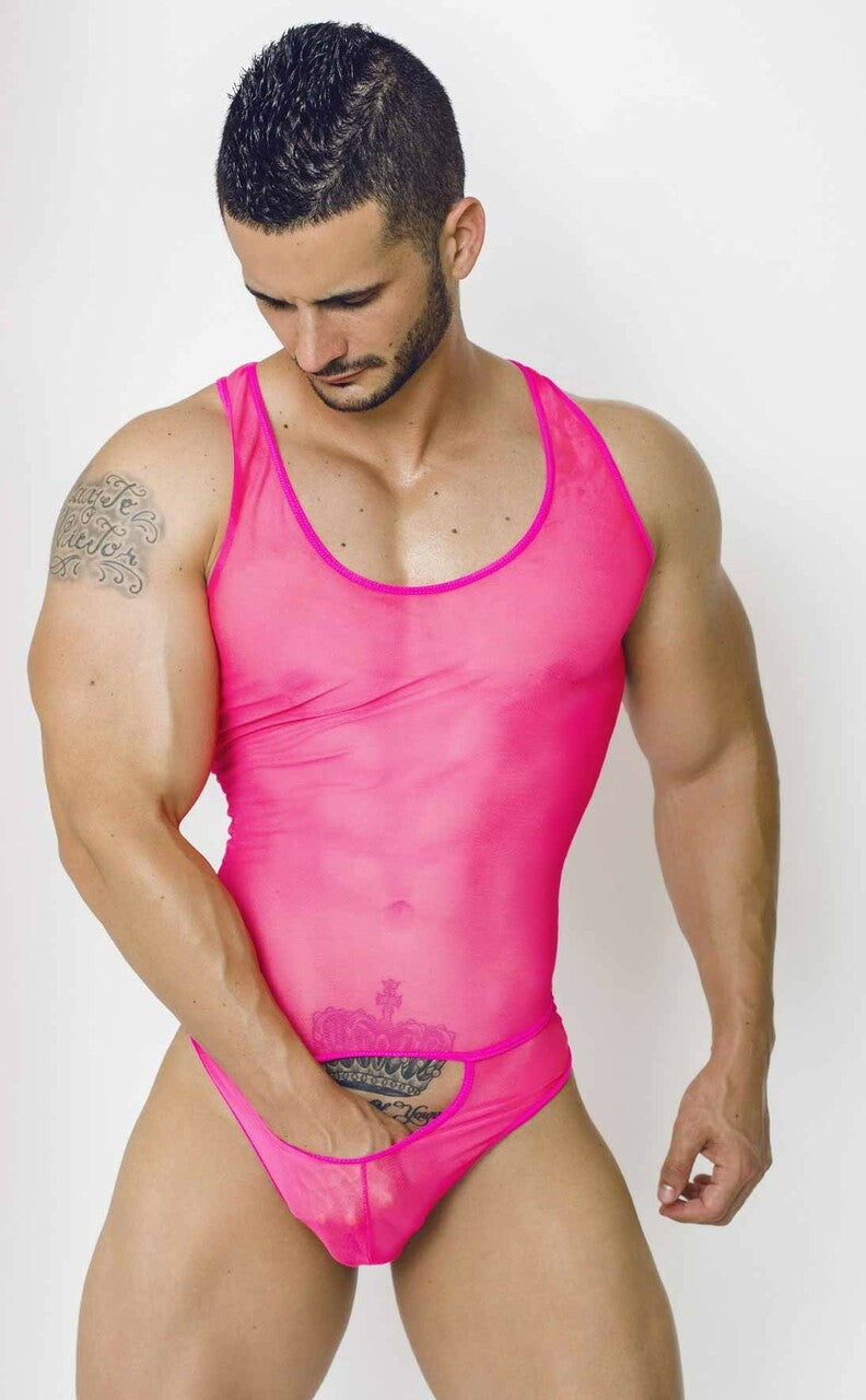 Mens All Over Sheer Bodysuit Hot Pink