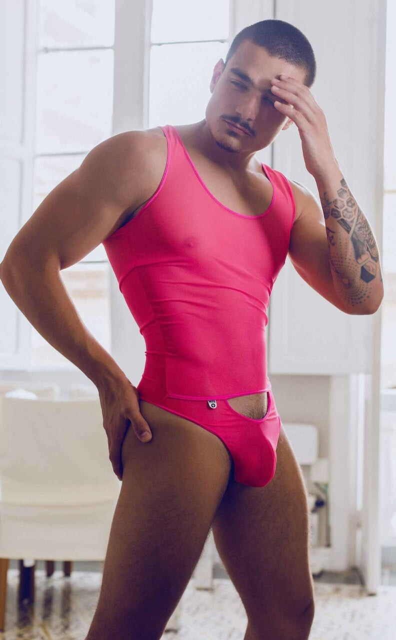 Mens All Over Sheer Bodysuit Hot Pink
