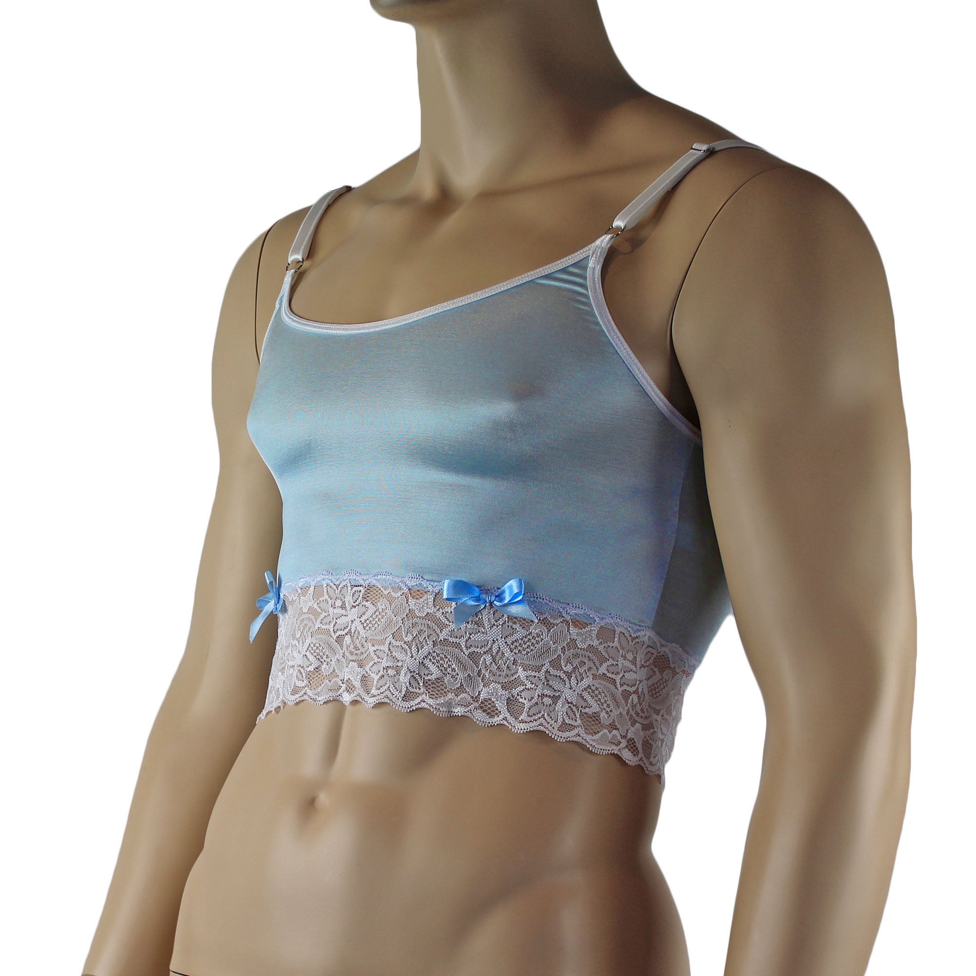 Mens Joanne Satin & Lace Crop Cami Top with Sexy Thong - Sizes up to 3XL Light Blue and White Lace