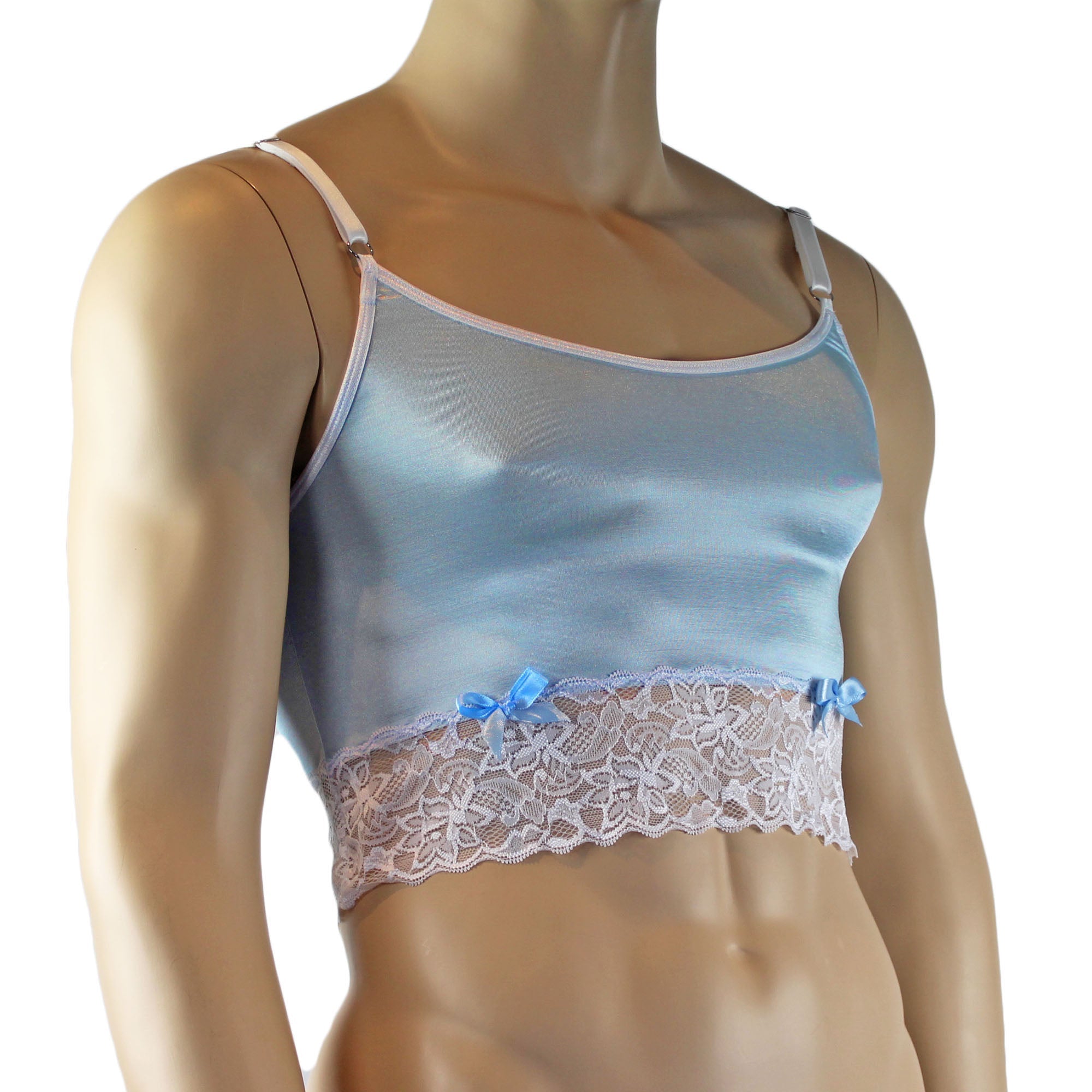 Mens Joanne Satin & Lace Crop Cami Top with Sexy Thong - Sizes up to 3XL Light Blue and White Lace