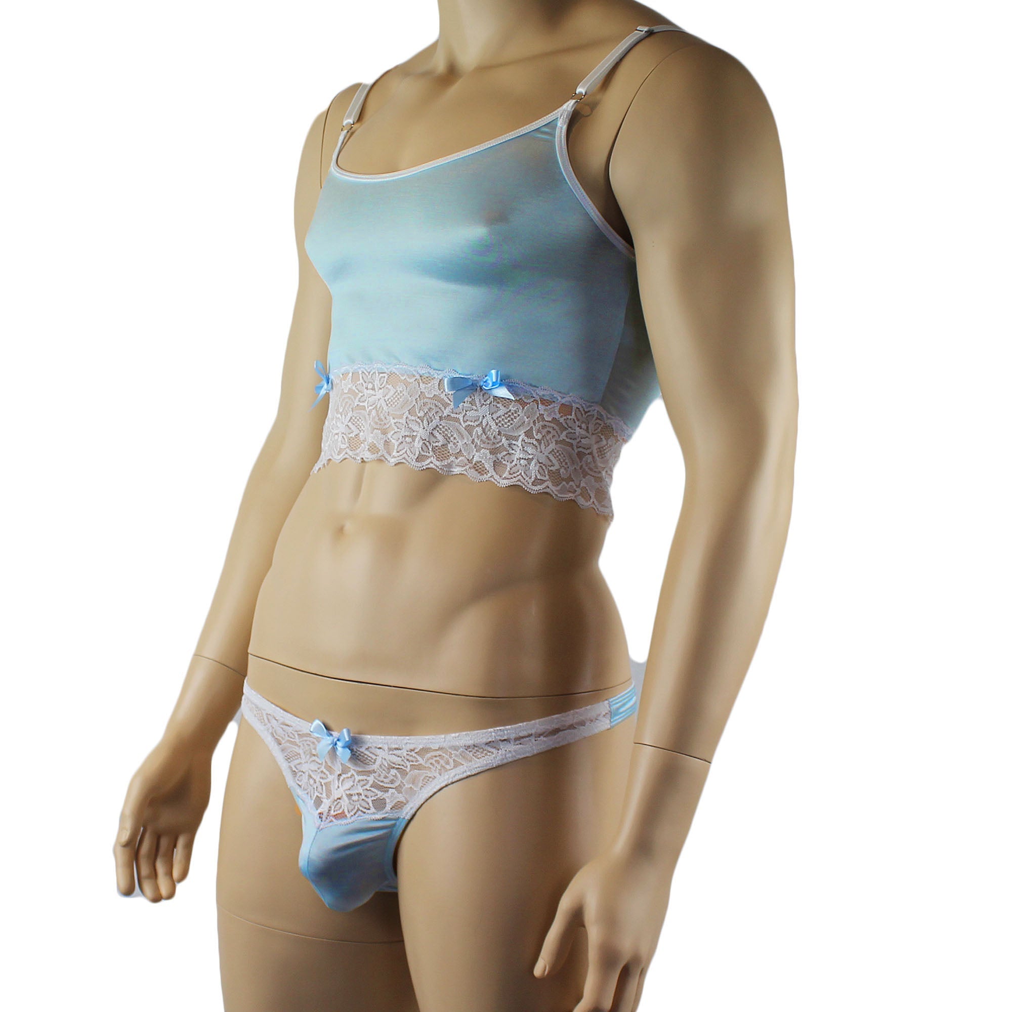 Mens Joanne Satin & Lace Crop Cami Top with Sexy Thong - Sizes up to 3XL Light Blue and White Lace