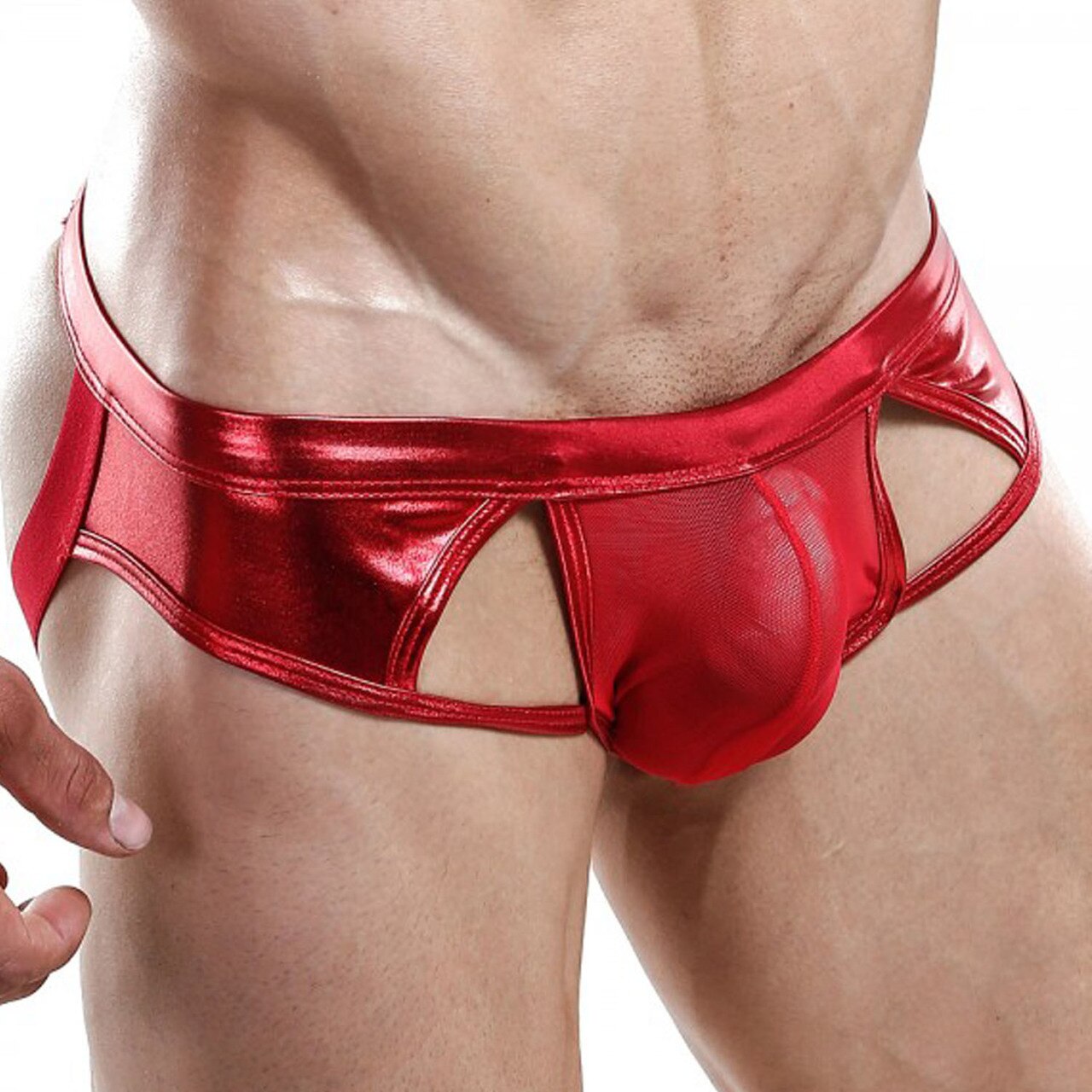 Mens Wetlook Jockstrap with Back Straps and Rings Red