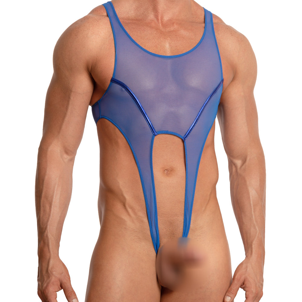 Miami Jock Crotch Lift Mesh Muscle Body Suit Blue