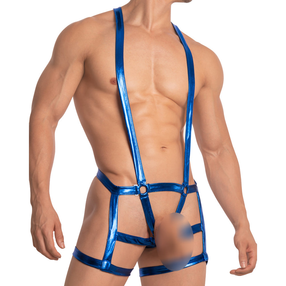 Miami Jock Strapped Shorts Length G-string Bodysuit Blue