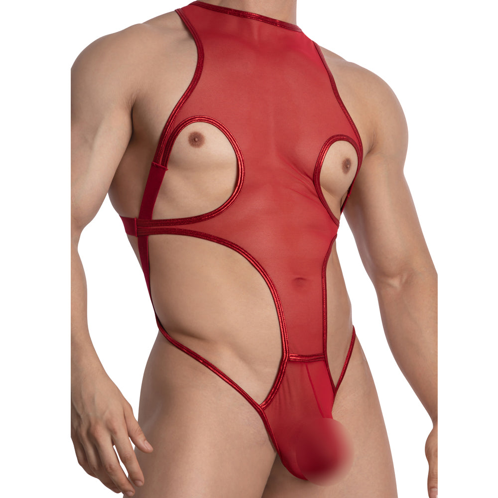 Miami Jock MJV035 Body Suit Leather Sides Naked Red