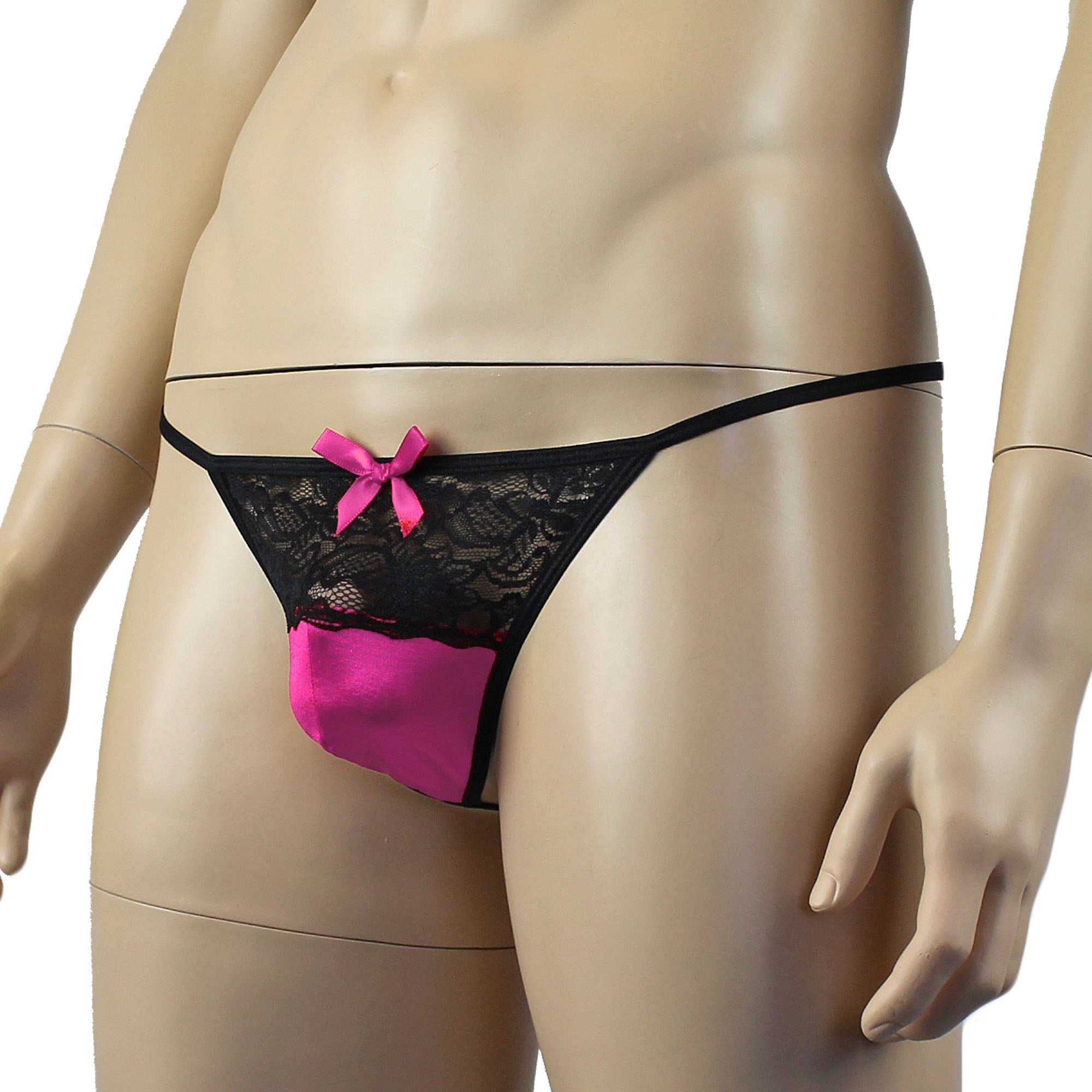 Mens Joanne Lacey G string with Bow Hot Pink and Black Lace