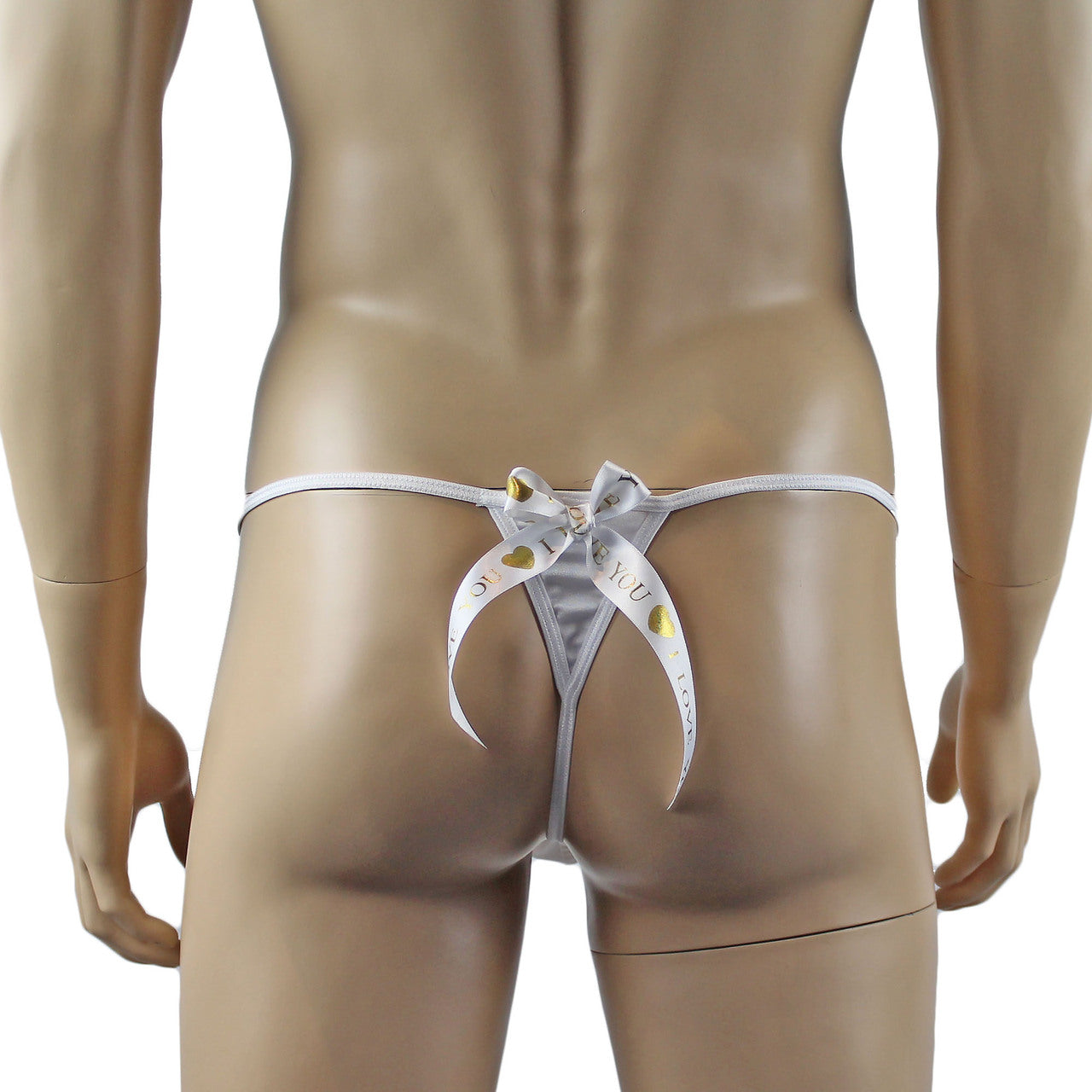 Mens Love Pouch G string with Bow Back White