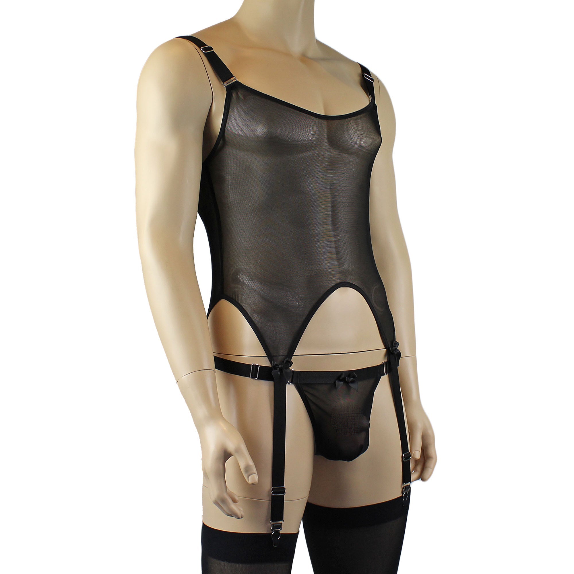 Mens Exotic Lingerie, Mesh Corset Top with Garters - Sizes up to 3XL Black