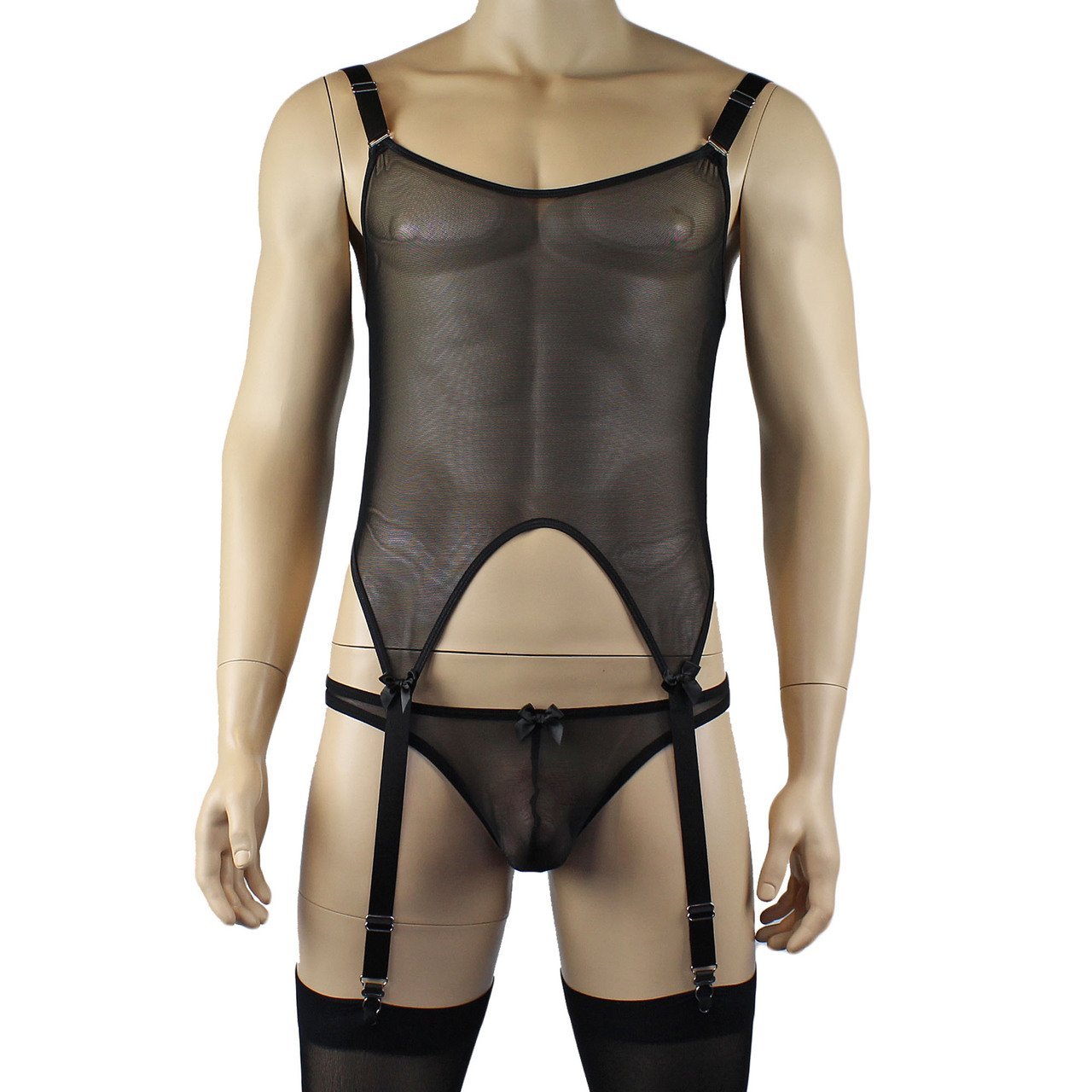 Mens Exotic Corset Top, Thong & Stockings - Sizes up to 3XL (black plus other colours)