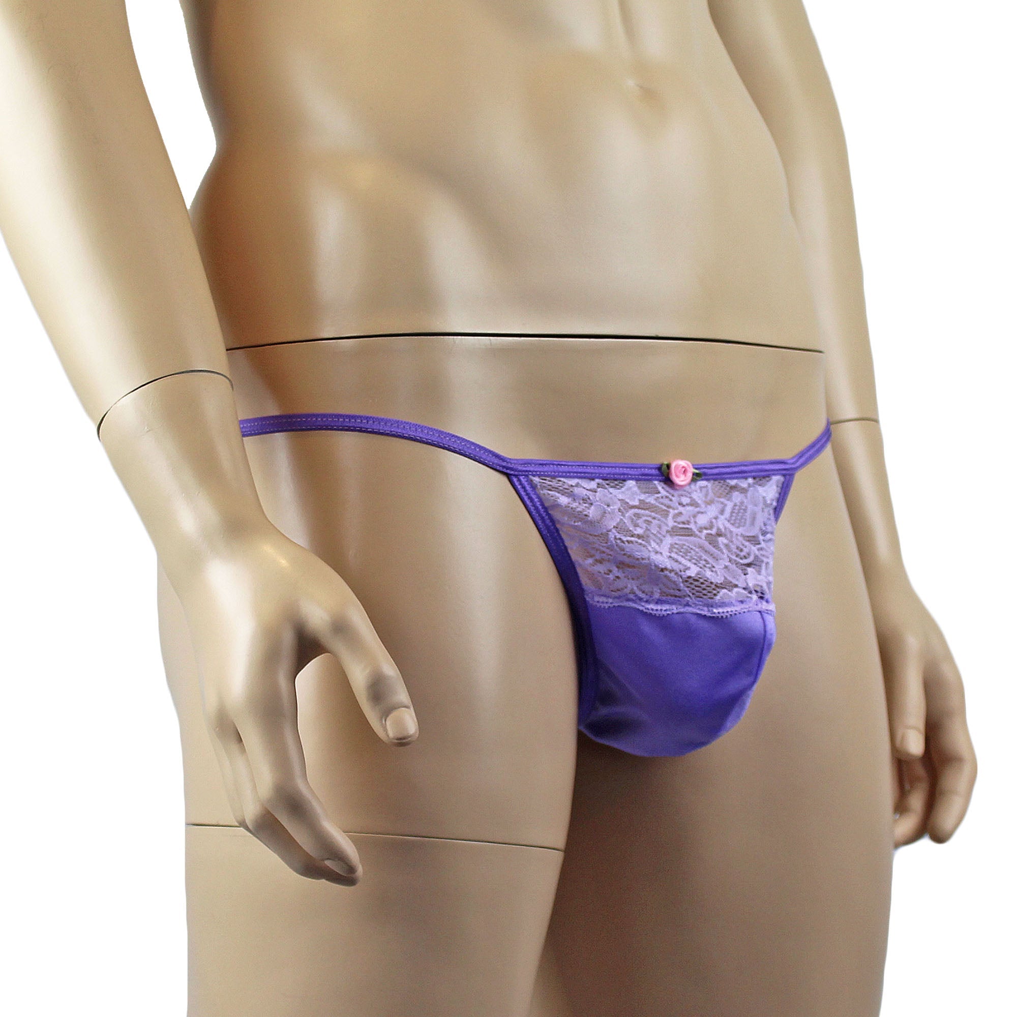 Male Penny Lingerie Stretch Spandex Pouch G string with Lace Lilac