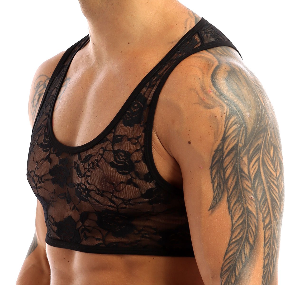 Mens Stretch Floral Lace Crop Top, Sexy Male Underwear