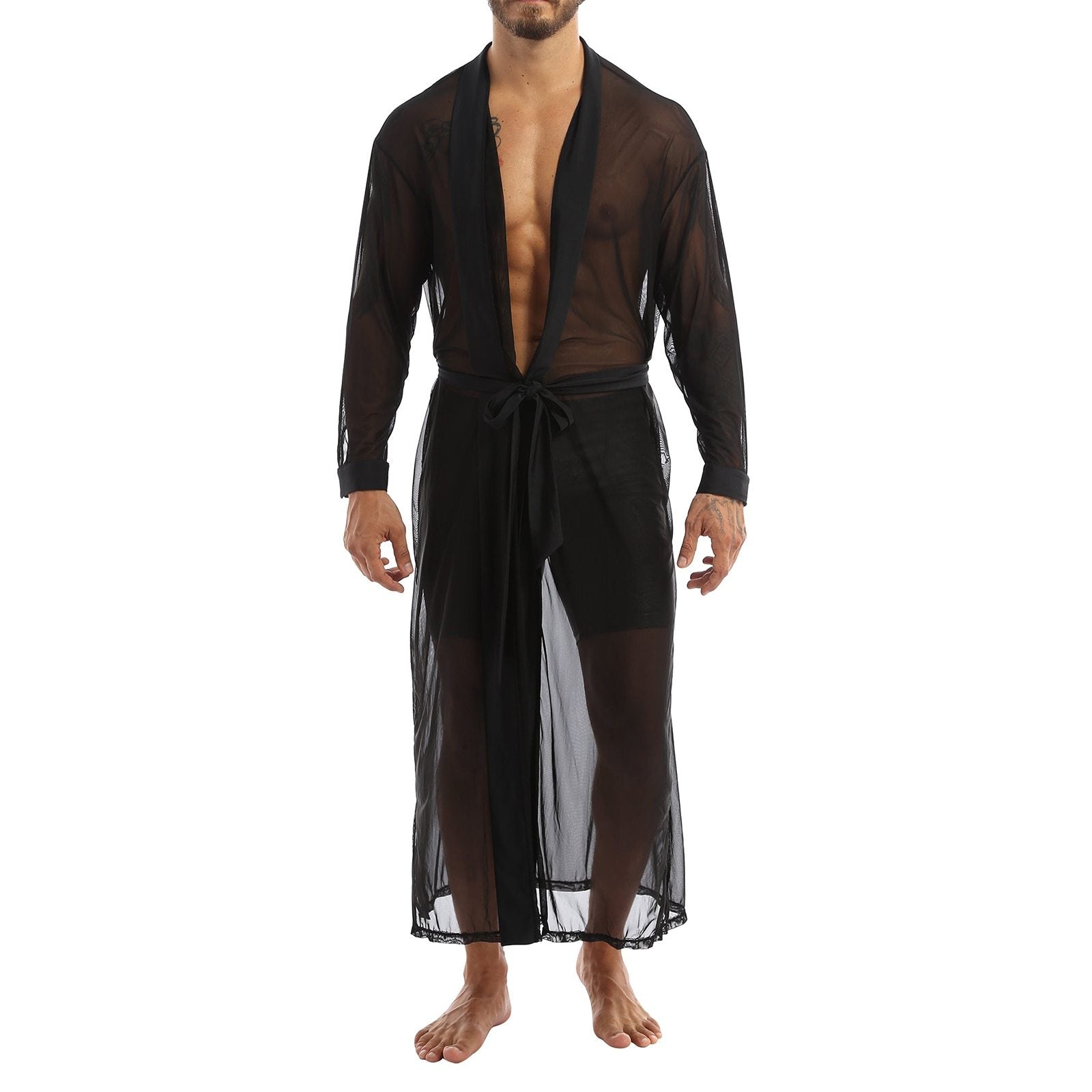 Mens Transparent Sheer Mesh Long Robe, Sleepwear Male Lingerie
