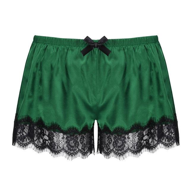 Mens Sissy Silky Satin Boxer Shorts with Lace Green
