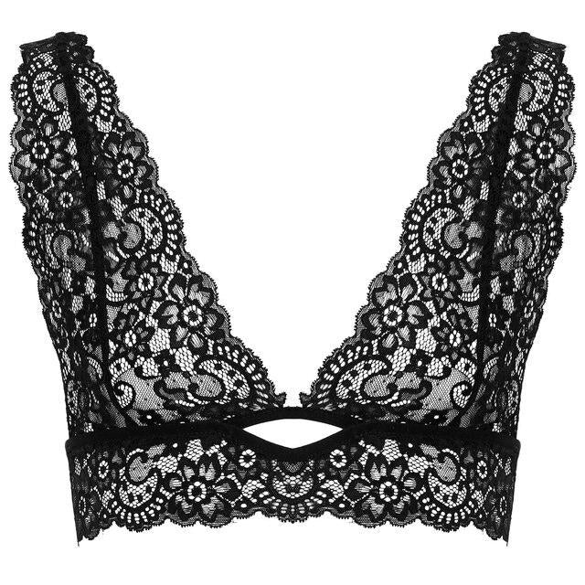 Mens Sissy Deep V Neck Floral Lace See-through Bralette Crop Top Bra Black