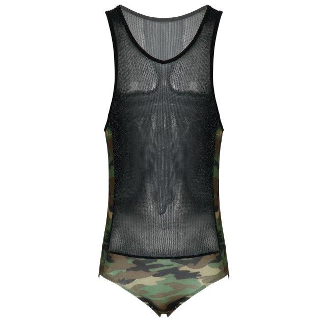 Men Camouflage Print & Mesh Sleeveless Patchwork Bodysuit