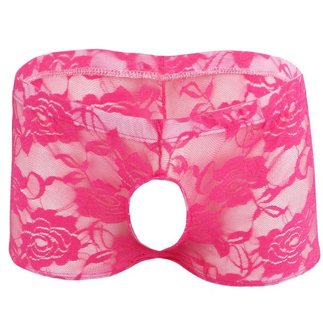 Mens Sissy Lace Peek a Boo Boxer Shorts with Open Front & Back Rose