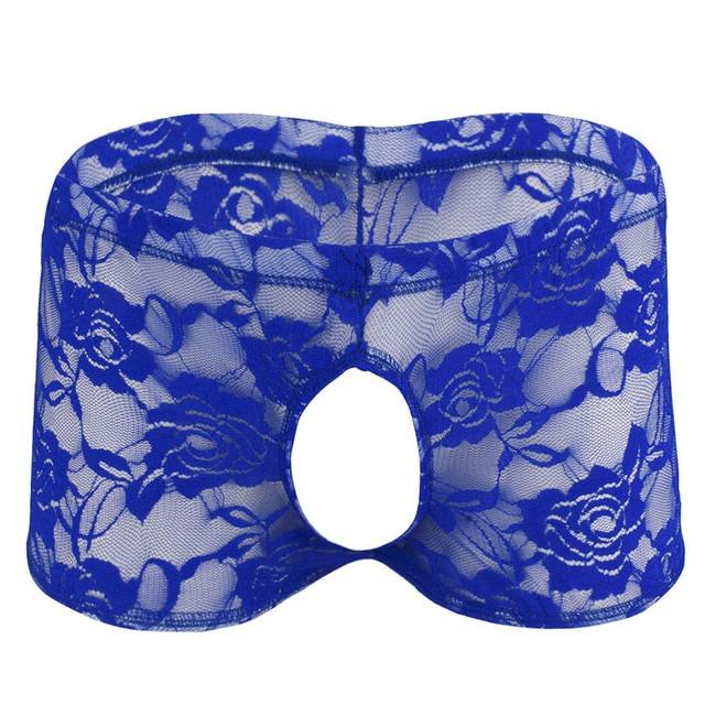 Mens Sissy Lace Peek a Boo Boxer Shorts with Open Front & Back Deep Blue