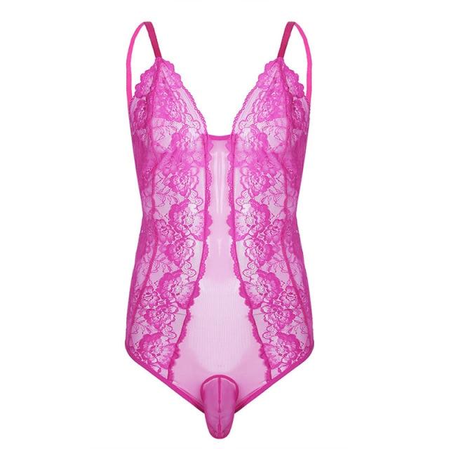 JCSTK - Mens Femme IF-23973435 Sheer Bodysuit with Lace Trim & Pouch Front Rose