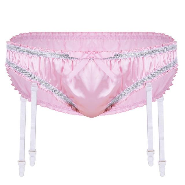 Sexy Mens Lingerie Panties Sissy Satin Panties with Detachable Garters Pink
