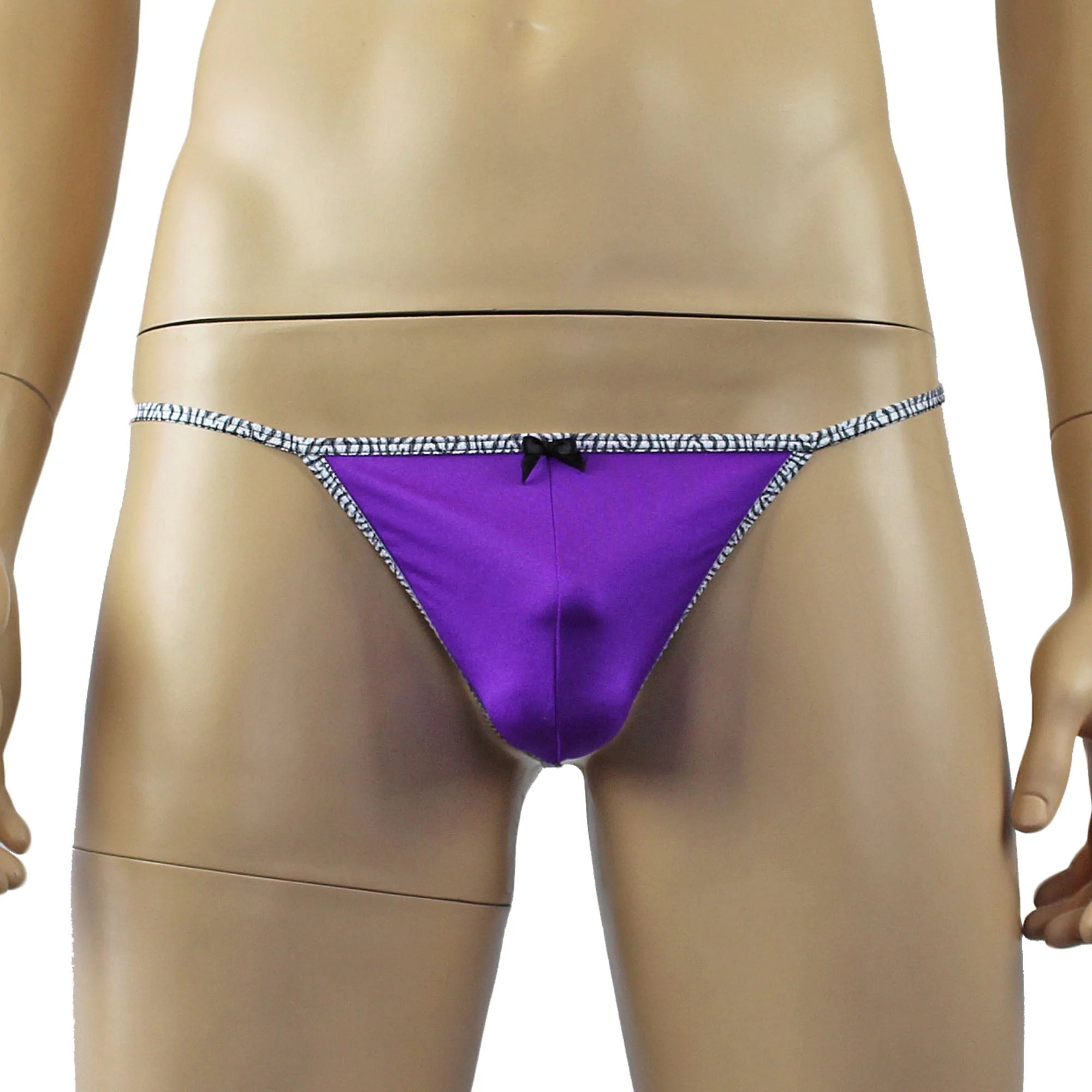 SALE - Mens Pretty Lycra G string Underwear with Zebra trim & Bow Purple