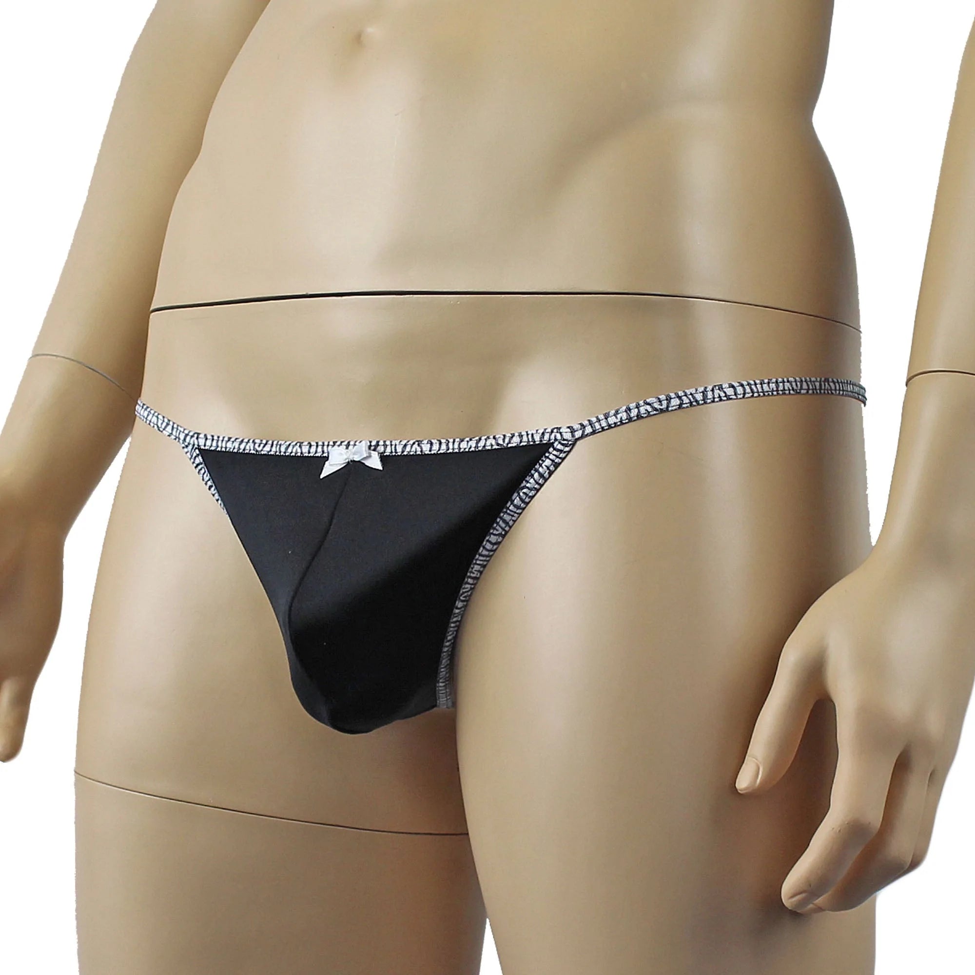 SALE - Mens Pretty Lycra G string Underwear with Zebra trim & Bow Black
