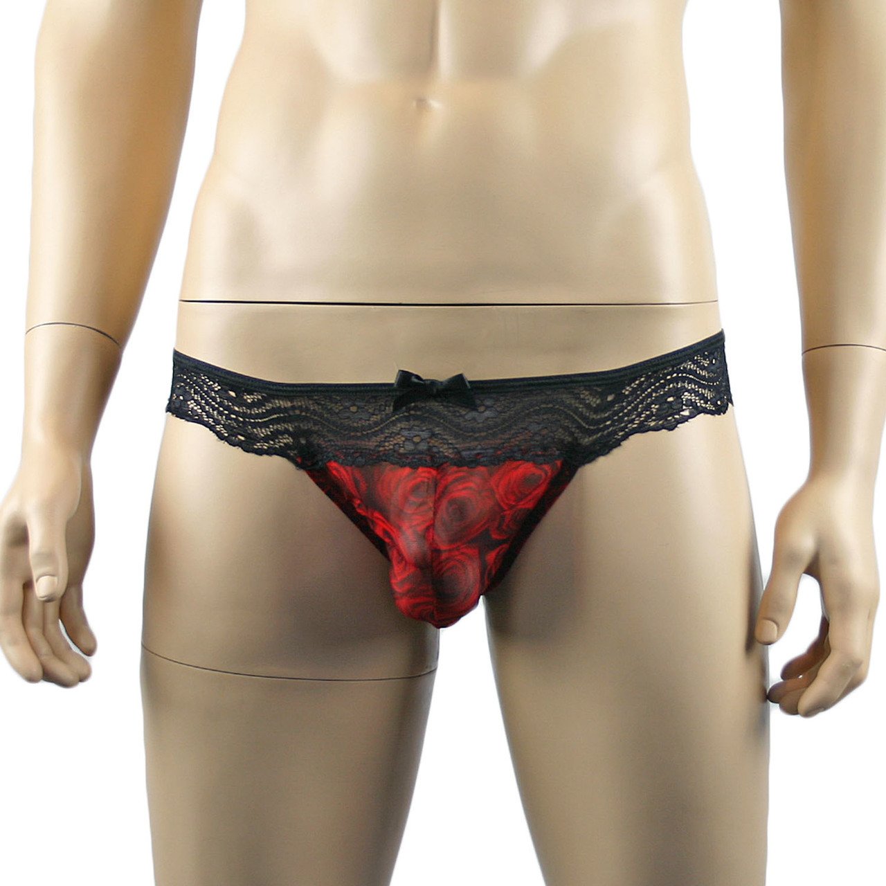 Mens Roses Thong, Sexy Sheer Lingerie Underwear Red Black