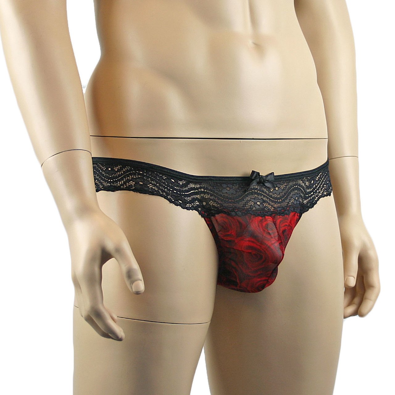 Mens Roses Thong, Sexy Sheer Lingerie Underwear Red Black