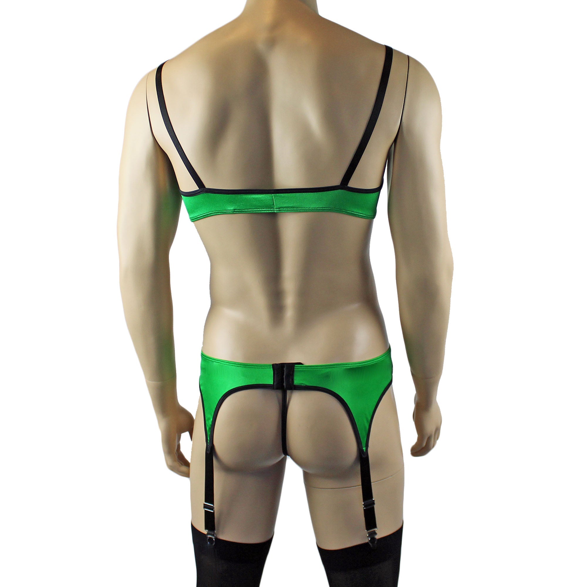 Mens Risque Bra Top, G string and Garterbelt Green and Black Lace