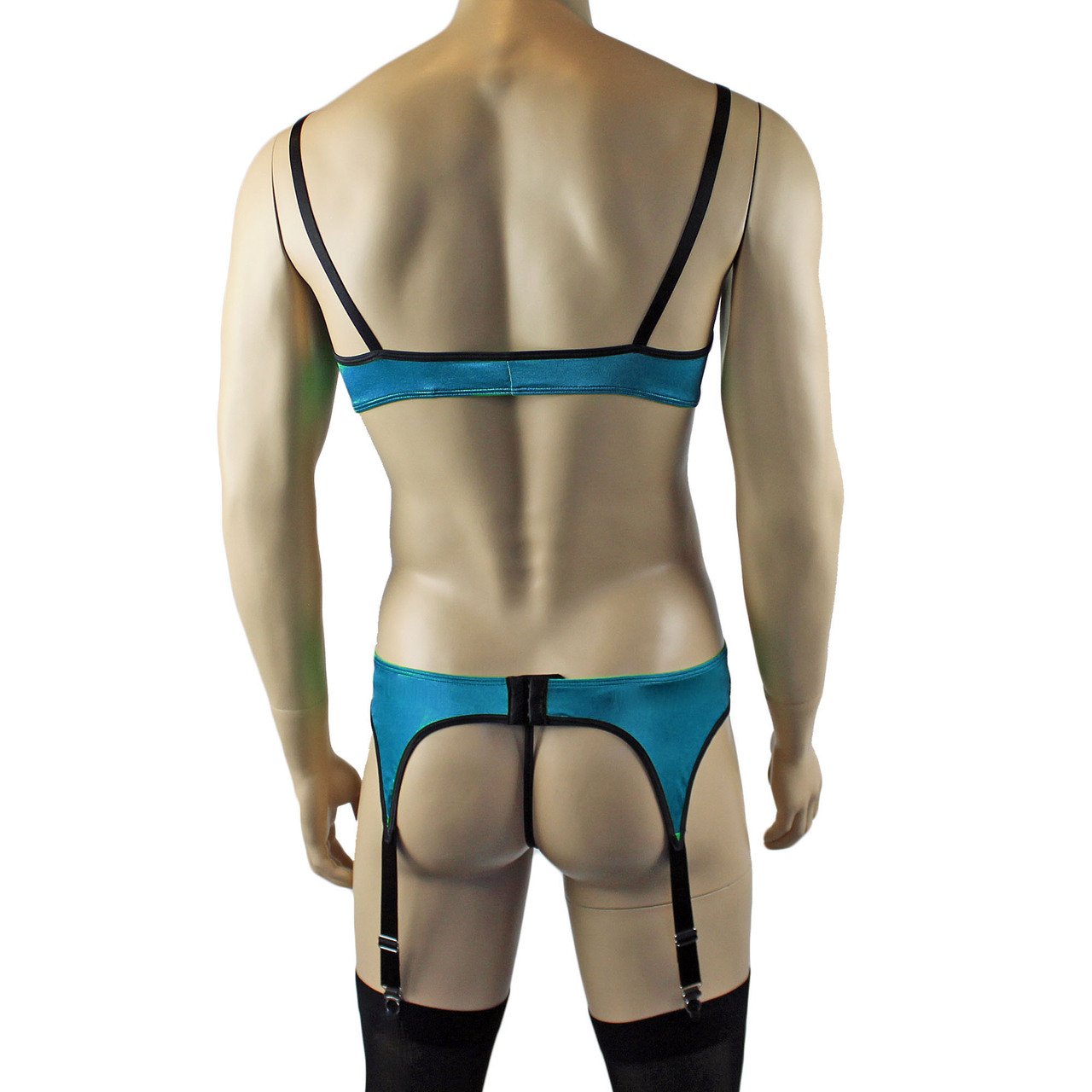 Mens Risque Bra Top, G string and Garterbelt (green and black plus other colours)