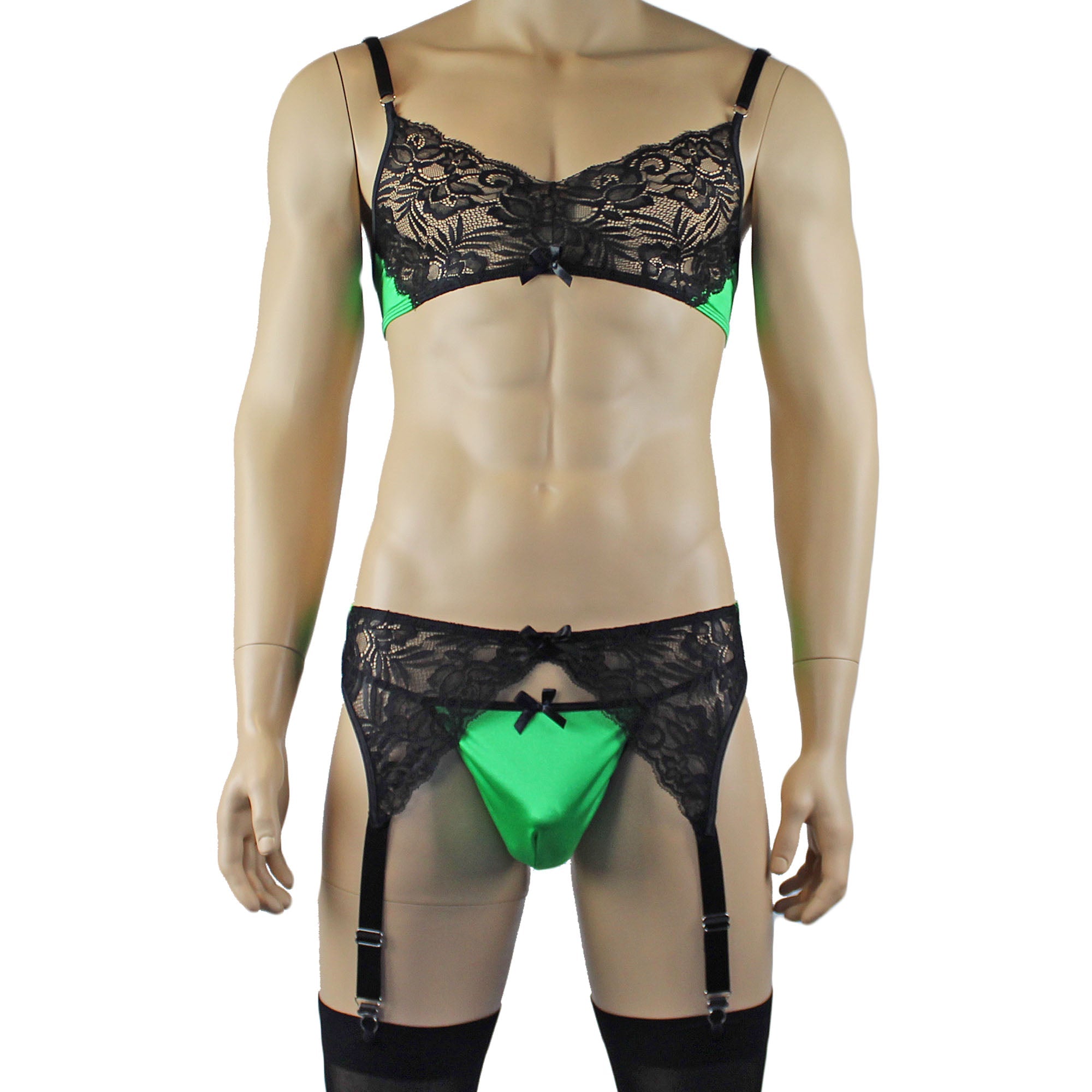 Mens Risque Bra Top, G string and Garterbelt Green and Black Lace